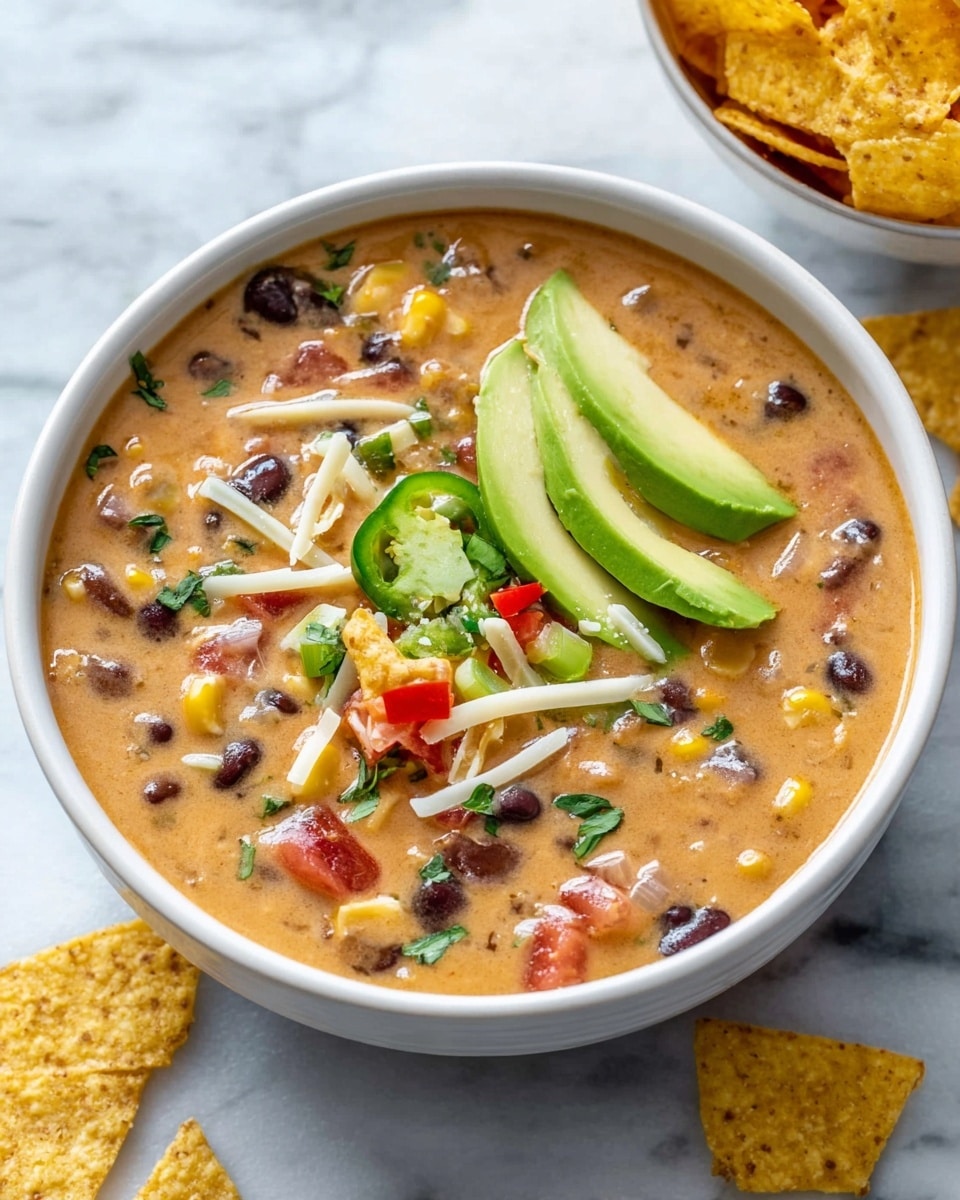 A white bowl filled with thick, creamy chili made of beans, corn, and small pieces of red pepper, showing a mix of red, yellow, black, and light orange colors throughout. On top, there are slices of fresh green avocado and thinly sliced green jalapeños, scattered shredded white cheese, small bright red diced peppers, and crushed yellow tortilla chips. The bowl sits on a white marbled surface with a few tortilla chips beside it, and the edge of a striped cloth is partially visible. photo taken with an iphone --ar 4:5 --v 7