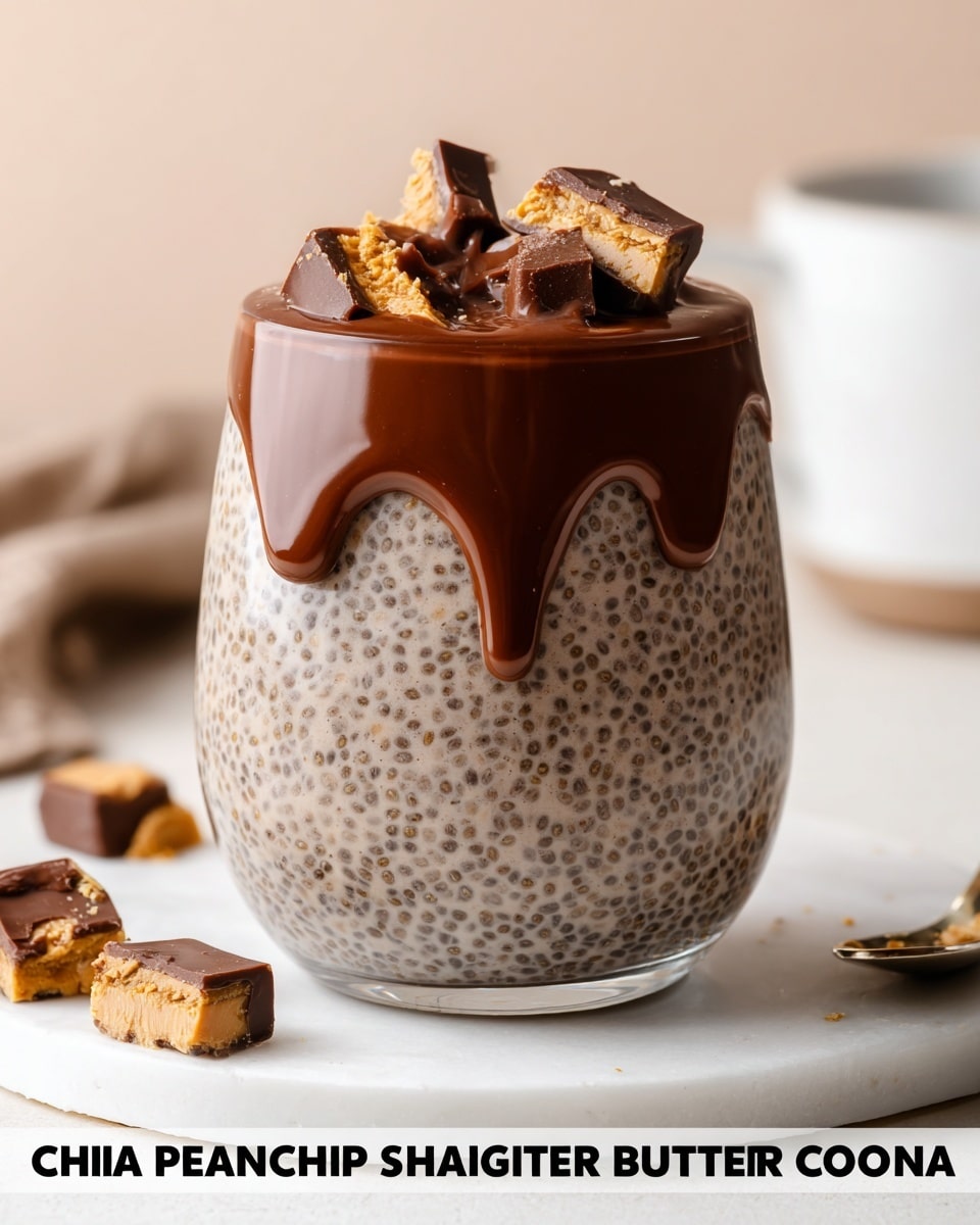 A clear glass shows a two-layer chia seed pudding on a white marbled surface. The bottom layer, making up most of the dessert, is creamy light brown with visible black chia seeds evenly distributed. The top layer is a thick, smooth, dark chocolate sauce with a glossy texture, gently dripping down the sides of the chia pudding. On top, there are chunks of peanut butter candy and small pieces of peanut butter, adding texture and contrast to the shiny chocolate layer. In the background, there is a blurred view of a white mug and more peanut butter candies. photo taken with an iphone --ar 4:5 --v 7