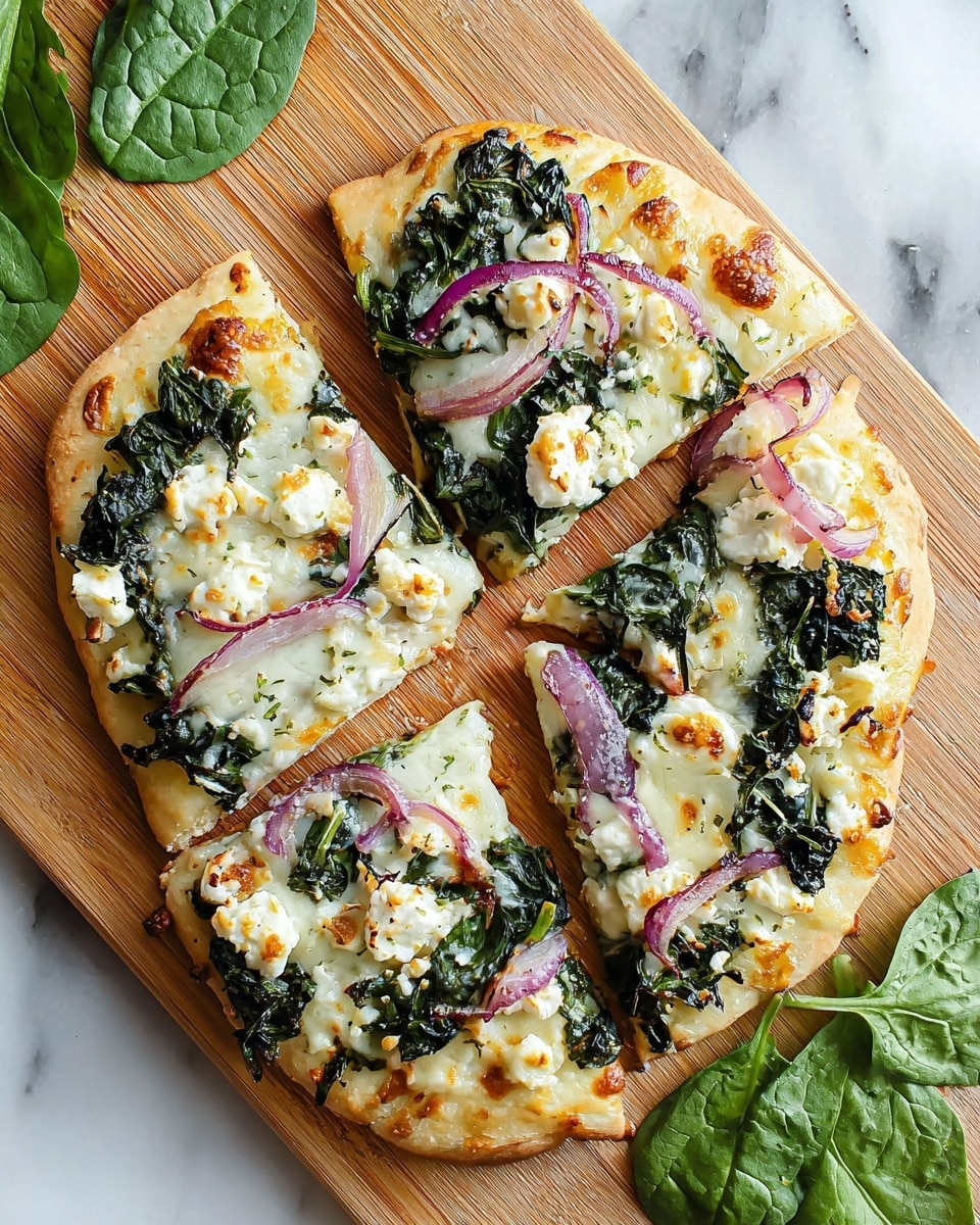 A round pizza sliced into four pieces sits on a wooden board with a few fresh spinach leaves on the side. The pizza has a golden-brown crust with a soft texture. The base layer is melted white cheese, topped with bright green cooked spinach leaves, scattered white chunks of soft cheese, and thin slices of light purple-red onions. The pizza toppings are spread evenly, showing a mix of creamy and slightly roasted textures. The background is a white marbled surface. Photo taken with an iphone --ar 4:5 --v 7