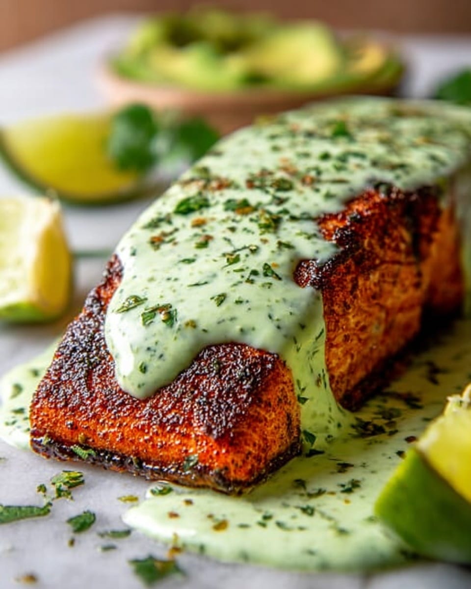 A juicy piece of grilled salmon with a dark reddish-brown crust sits on a white marbled surface, topped with a creamy, pale green sauce with visible herbs spread evenly across the fish. Fresh green herbs are sprinkled over the top and around the salmon. In the background, there are slices of lime and what looks like avocado halves, adding a touch of green and yellow to the scene. The texture of the salmon is slightly crispy on the outside, with a tender, flaky inside. photo taken with an iphone --ar 4:5 --v 7