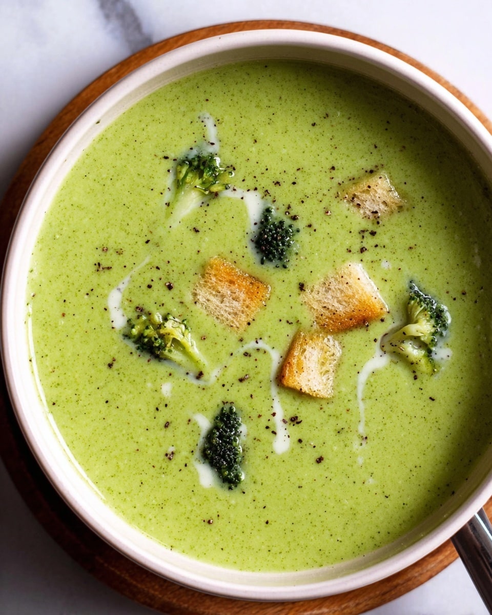 A bowl of smooth green broccoli soup fills most of the image, with small broccoli florets and golden brown toasted bread cubes floating on top. The soup has a creamy texture with tiny dark specks of ground pepper scattered over the surface. The bowl is simple and white, placed on a round wooden board on a white marbled surface. The lighting highlights the warm, fresh look of the soup with a cozy feel. photo taken with an iphone --ar 4:5 --v 7