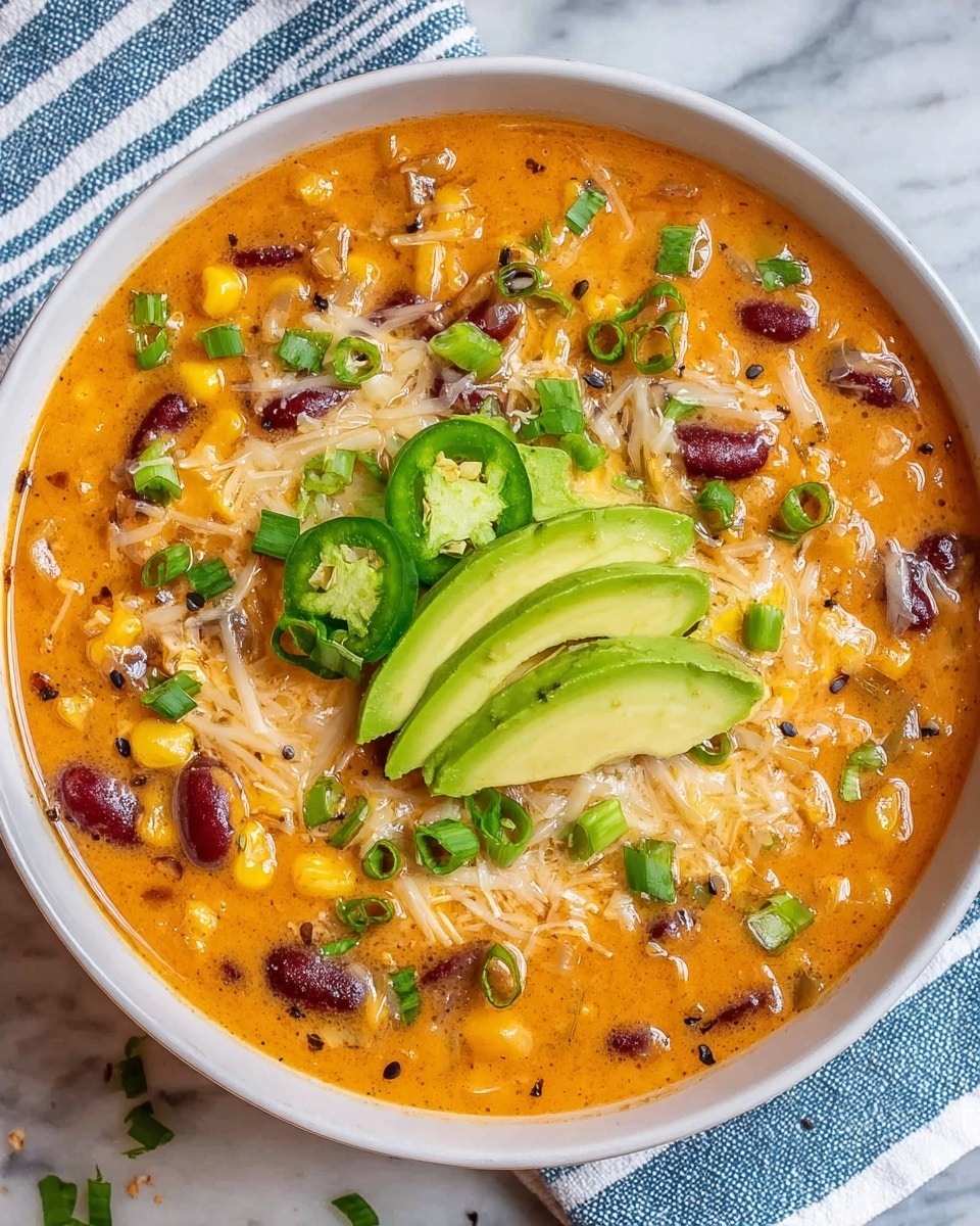 A white bowl filled with a thick orange soup that has visible layers of dark red kidney beans and yellow corn kernels throughout. On top, there is a small mound of shredded white cheese melting slightly into the soup. In the center, slices of bright green avocado fans out, accompanied by two slices of green jalapeño pepper. The dish is sprinkled with chopped green onions and coarse black pepper, adding texture and color contrast. The bowl is placed on a white marbled surface with part of a blue and white checkered cloth underneath. photo taken with an iphone --ar 4:5 --v 7