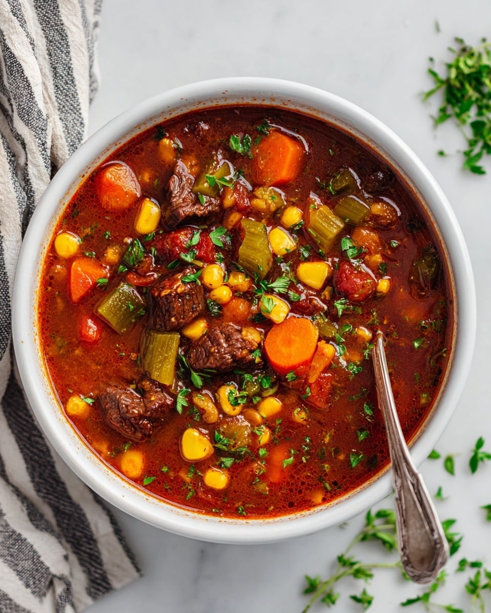 A white bowl filled with hearty beef and vegetable soup, showing a rich red broth layer mixed with chunks of dark brown beef, bright orange carrots, yellow corn, green celery, and dark red tomatoes spread evenly throughout. The soup is dotted with small green herb leaves on top, adding fresh color. A silver spoon rests inside the bowl on the right side. The scene is set on a white marbled surface with fresh green herbs in the corners and a striped cloth on the lower right side. photo taken with an iphone --ar 4:5 --v 7
