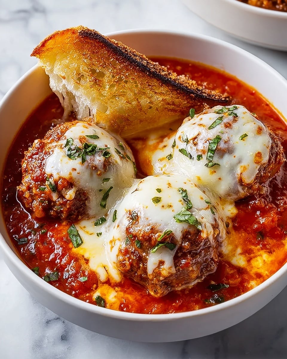 A white bowl filled with three large meatballs covered in melted white cheese, sitting in a thick, bright red tomato sauce with small bits of green herbs scattered on top. One side of the bowl has a toasted piece of bread dipped into the sauce, showing its soft, saucy inside and golden crust. The surface under the bowl is a white marbled texture. photo taken with an iphone --ar 4:5 --v 7