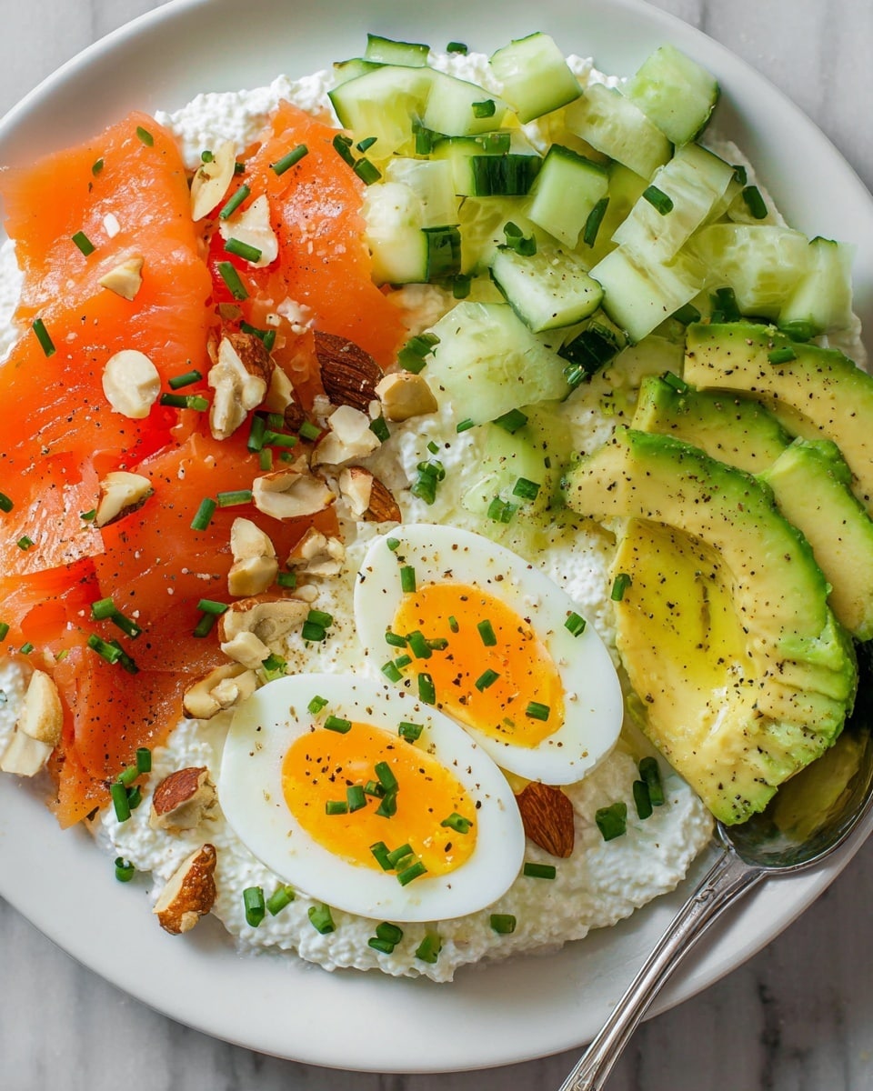 The dish features a white bowl filled with layers including creamy white cottage cheese at the base, topped on one side with bright green diced cucumber mixed with small chopped nuts and fresh green chives. Next to the cucumber are smooth slices of orange smoked salmon sprinkled with chopped nuts and chives. In the center, two halves of a boiled egg with firm white edges and bright yellow yolks are garnished with chopped green chives and a light dusting of black pepper. On the other side, sliced avocado with a vibrant green color is fanned out and sprinkled with nuts and chives, all placed on a white marbled surface. The overall look is fresh, colorful, and textured with a mix of smooth, soft, and crunchy elements. photo taken with an iphone --ar 4:5 --v 7
