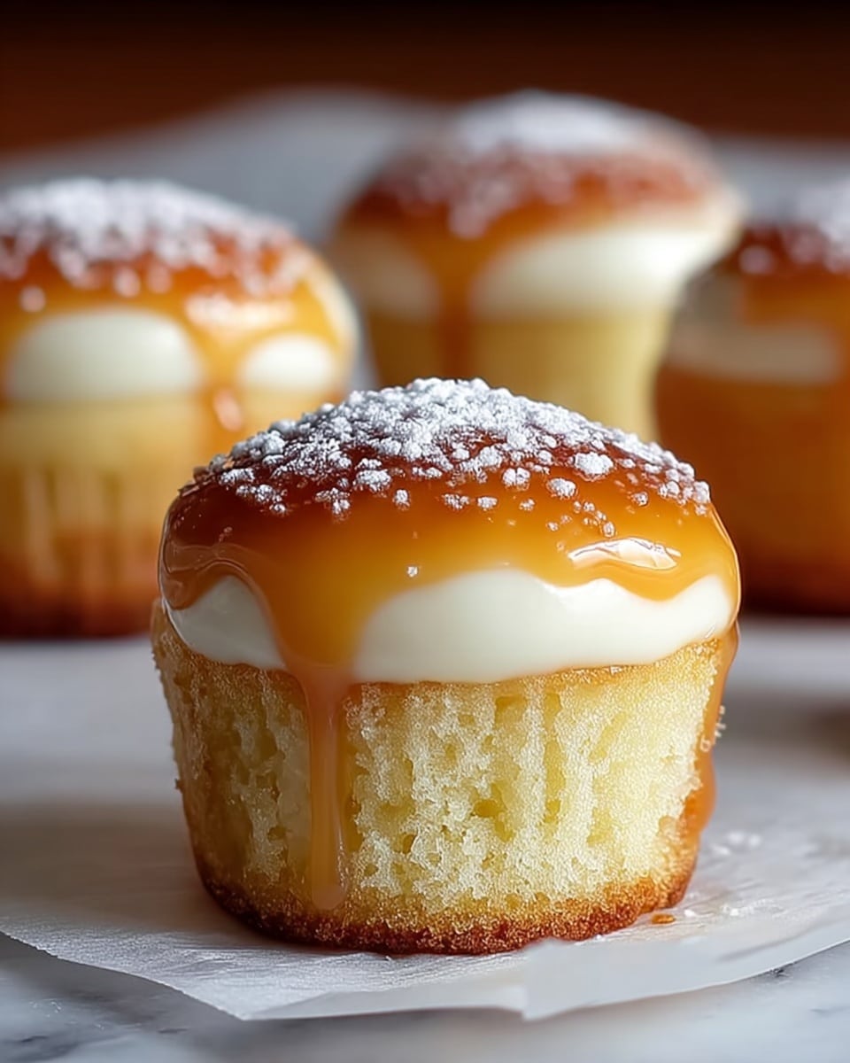 A close-up image of a small cupcake with three visible layers: a golden brown sponge base which looks moist and soft with a bite taken out of it, a thick creamy white middle layer that is smooth and shiny, and a top layer of golden caramel glaze sprinkled lightly with white powdered sugar. The cupcake sits on a white sheet paper on a wood surface, with three more cupcakes blurred in the background showing the same layers. The photo background has a white marbled texture. Photo taken with an iphone --ar 4:5 --v 7