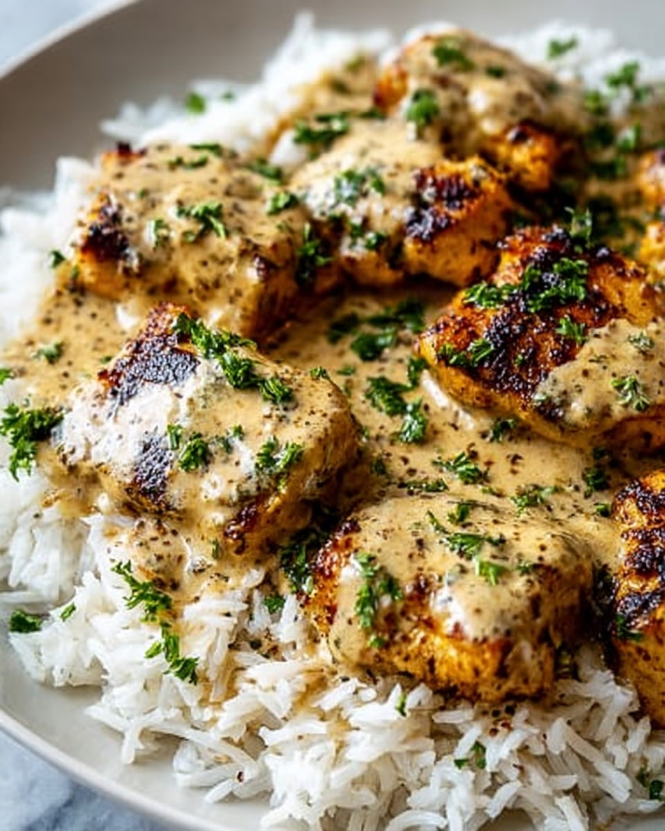 The image shows a close-up of a white plate filled with cooked white rice forming the bottom layer, soft and fluffy with visible grains. On top, there are six grilled chicken pieces with a golden-brown, slightly charred surface, covered with a creamy, light brown sauce. The sauce has small, dark herb specks and a smooth texture, spreading lightly over the rice around the chicken. Fresh green parsley is sprinkled generously over the chicken and sauce, adding a pop of color. The plate rests on a white marbled surface, and the warm lighting highlights the food’s texture and moisture. Photo taken with an iphone --ar 4:5 --v 7