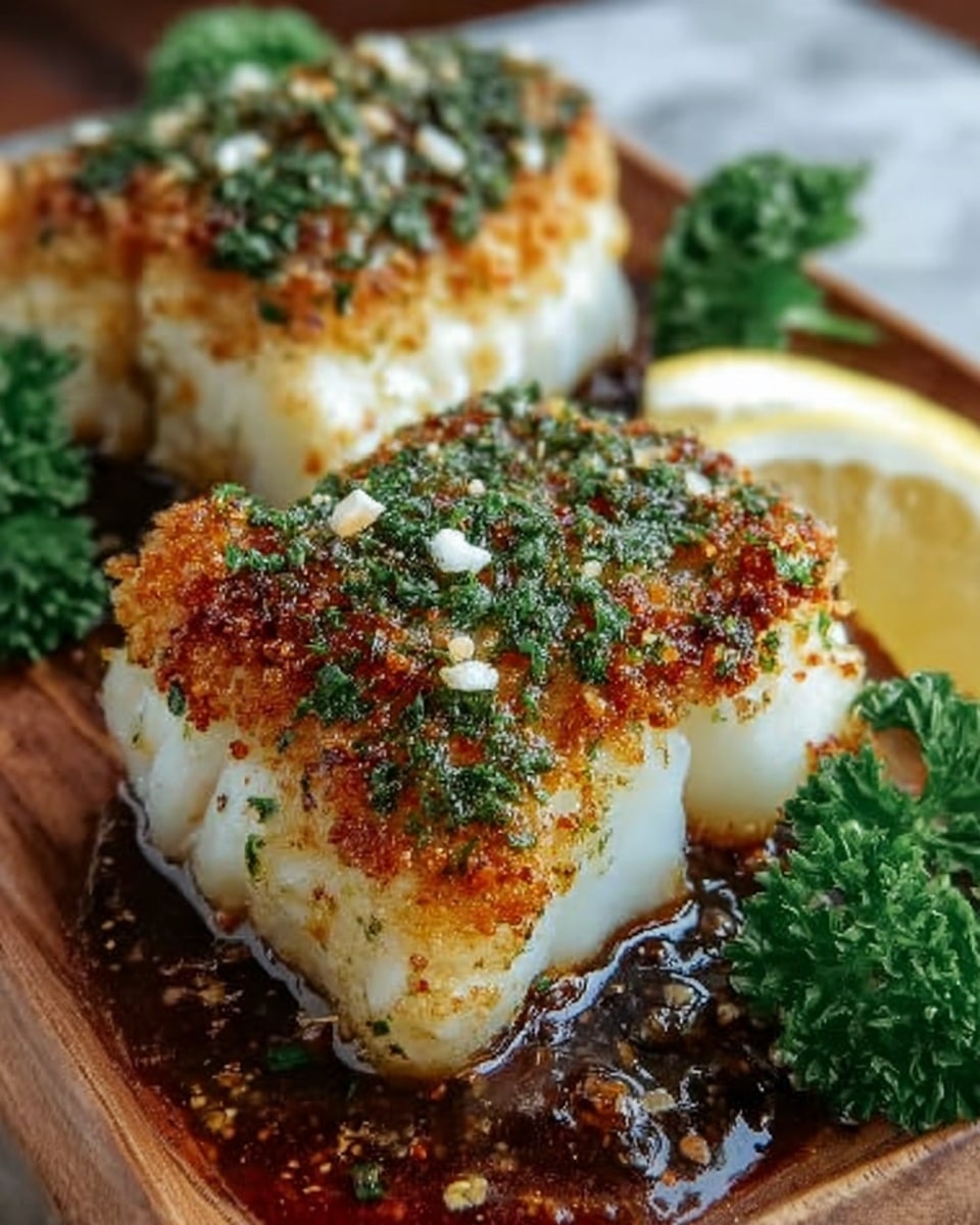 The image shows two pieces of golden-brown, crispy breaded fish fillets arranged side by side on a white marbled surface. Each fillet has a thick, crunchy layer of golden crust on top with small bits of breadcrumbs and herbs. The inside of the fish is white and tender, slightly flaking out at the edges. On top of the crispy layer, there is a sprinkling of chopped green herbs and coarse salt. Around the fillets, there are small sprigs of bright green parsley and two slices of lemon placed at the back right, adding fresh color to the dish. photo taken with an iphone --ar 4:5 --v 7