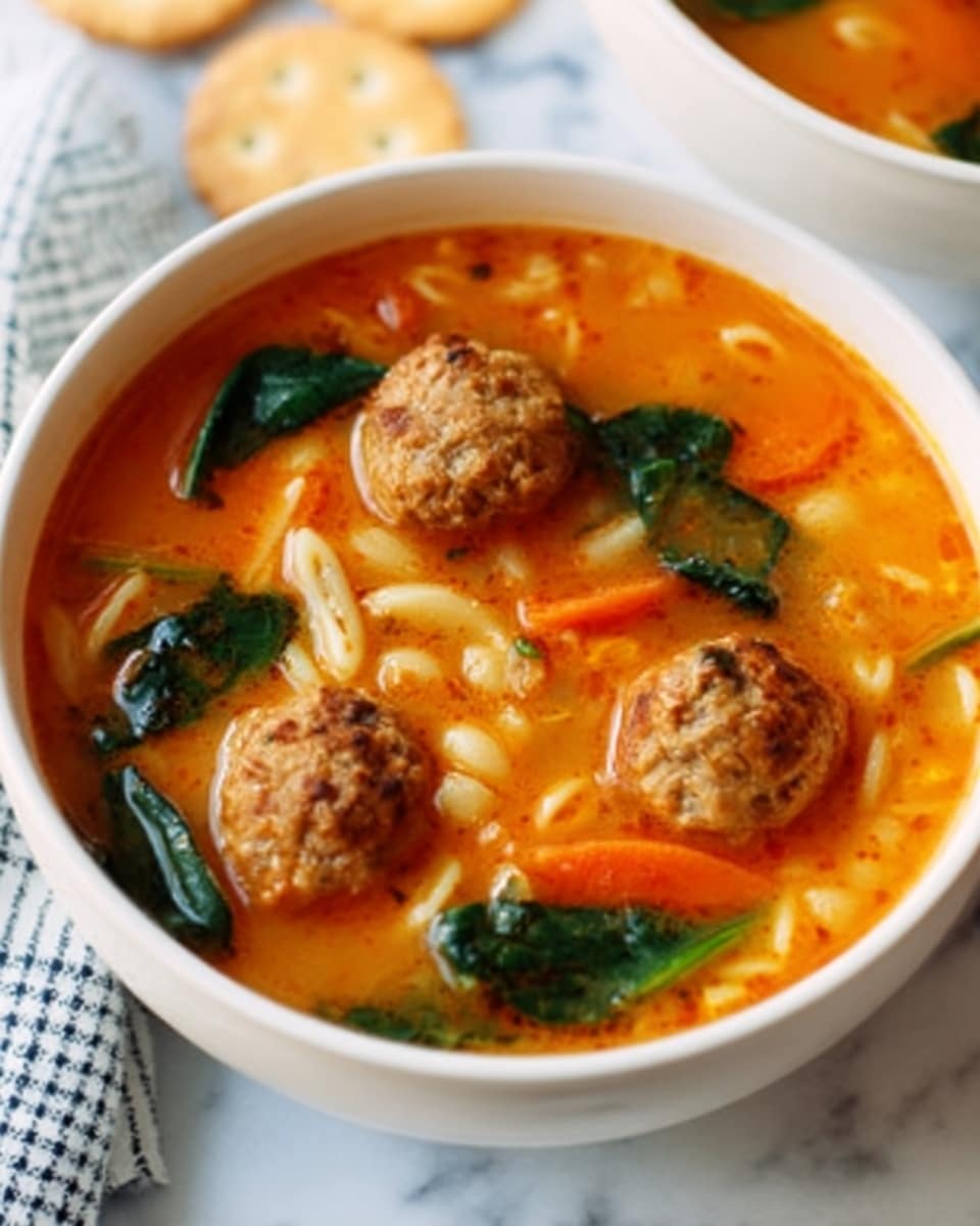 A white bowl filled with a warm soup featuring three meatballs floating near the surface. The soup has an orange broth with small pasta bits and visible green spinach leaves scattered inside. Thin, round carrot slices add a pop of bright orange color in the middle. The bowl sits on a white marbled surface with a white and blue checkered cloth nearby, and a few round crackers are placed around the bowl. Photo taken with an iphone --ar 4:5 --v 7