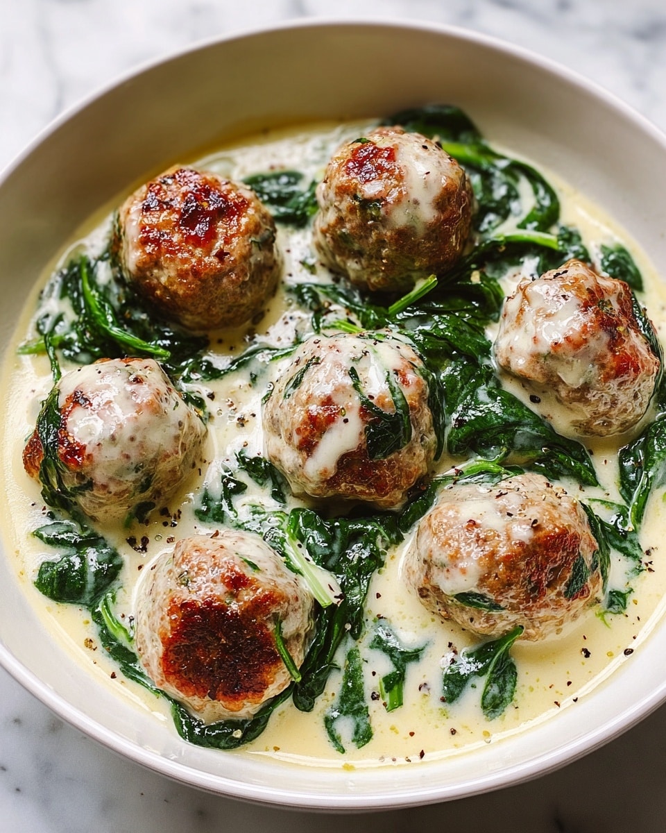 The image shows a white bowl filled with about nine golden-brown meatballs in a creamy white sauce with green spinach leaves mixed in. The meatballs appear crispy on the outside with the sauce lightly coating them and pooling around the base. The spinach leaves are scattered throughout the creamy sauce, adding dark green color and texture. The bowl is placed on a white marbled surface. photo taken with an iphone --ar 4:5 --v 7