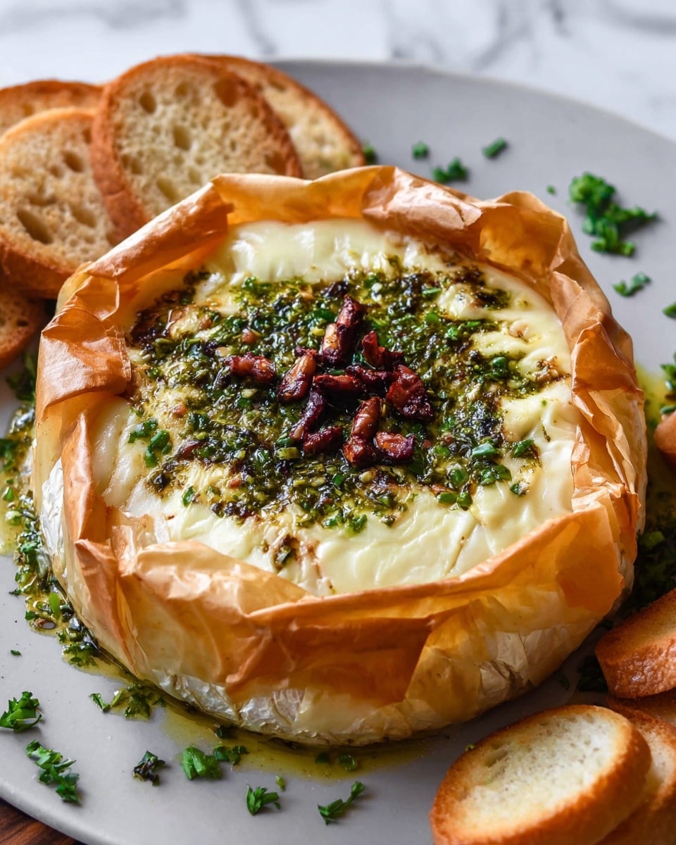A round baked dish with three main layers is shown on a white plate over a white marbled surface. The outermost layer is a golden-brown, crispy, and flaky pastry crust folded inward unevenly, showing its shiny texture. Inside this crust is a middle layer of melted, creamy white cheese oozing slightly outwards. The top surface of the cheese is sprinkled with finely chopped green herbs and small dark red bits at the center that add color contrast. Some herbs also gather around the base on the plate. The back part of the photo has slightly blurred slices of light toasted bread. photo taken with an iphone --ar 4:5 --v 7