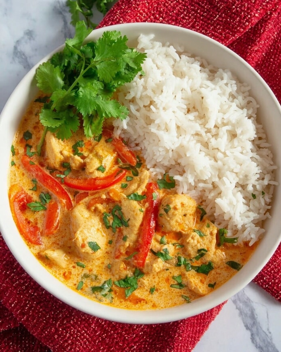 A white bowl filled with two main layers: on the right side, a fluffy, pure white mound of cooked rice with a few green cilantro leaves placed on top for garnish; on the left side, a creamy, rich orange curry with visible pieces of chicken, red bell pepper strips, and small green herbs mixed throughout, showing a smooth texture with chunks of meat and vegetables. The bowl is placed on a red cloth over a white marbled surface. Photo taken with an iphone --ar 4:5 --v 7