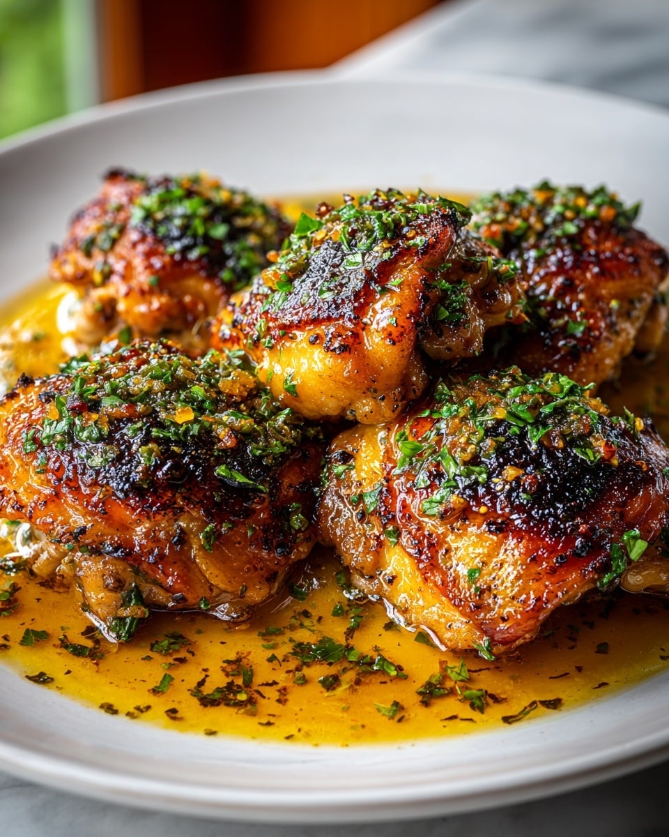 A close-up view of four roasted chicken thighs arranged on a white plate, each piece showing a crispy, dark golden-brown skin with charred edges. The chicken thighs are coated with a glistening herb sauce that pools slightly at the bottom, adding a glossy shine. Finely chopped green herbs are sprinkled across the top of each piece, providing contrast against the rich browned texture of the skin. The background is softly blurred with a hint of green, suggesting natural light from a window. photo taken with an iphone --ar 4:5 --v 7
