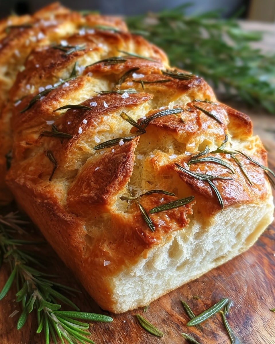 A close-up view of a golden-brown focaccia bread with a rough, slightly cracked surface, topped with small green rosemary leaves scattered evenly across the top. The loaf shows deep cuts across the top that reveal the inside’s light, airy texture with visible air pockets. The crust has a light shine and a mix of golden and lightly toasted brown spots. The bread rests on a wooden board with a few scattered flour particles, set against a white marbled textured background. Photo taken with an iphone --ar 4:5 --v 7