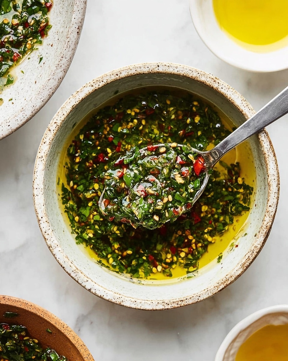 A white ceramic bowl filled with a bright green sauce that looks oily and fresh, with finely chopped herbs and small red chili flakes mixed in. The sauce has a shiny, wet texture with specks of darker green from the herbs. A silver spoon is dipped into the sauce, lifting some of it up and showing the mix of herbs and oil clearly. The bowl sits on a white marbled surface and there are small bowls partially visible around it, also on the white marble. photo taken with an iphone --ar 4:5 --v 7