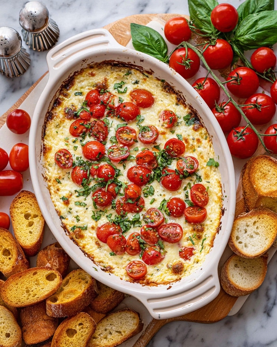 A white oval dish filled with a baked layered dip is shown from above on a white marbled surface. The bottom layer is creamy and melted cheese with a slightly golden brown baked edge. On top, there are bright red halved cherry tomatoes scattered evenly, along with finely chopped green herbs sprinkled all over. Around the dish, there are pieces of toasted baguette with a golden, crispy texture. A bunch of fresh cherry tomatoes on vine and some fresh green basil leaves are placed near the dish. The overall scene looks warm and inviting. photo taken with an iphone --ar 4:5 --v 7