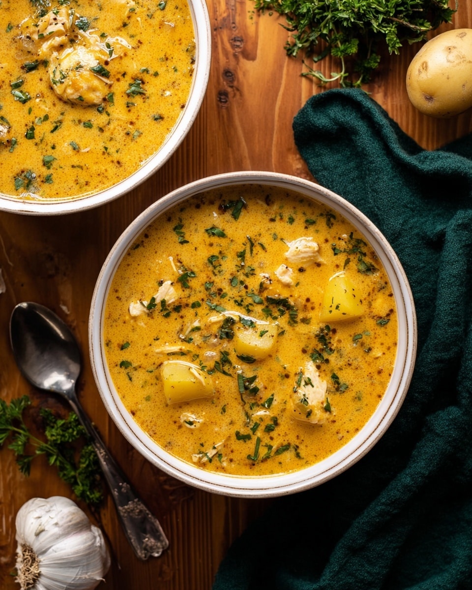 Two white bowls filled with creamy yellow-orange soup marked with specks of green herbs and small chunks of food, likely chicken and potatoes, sit on a warm wooden surface. The soup has a smooth texture with some visible pieces in the thick broth. Around the bowls, there are fresh green herbs scattered and a bulb of garlic partially broken apart. A silver spoon rests partially on a dark green cloth next to one of the bowls. The scene captures a cozy, rustic feeling with the bright, creamy soup as the main focus. Photo taken with an iphone --ar 4:5 --v 7