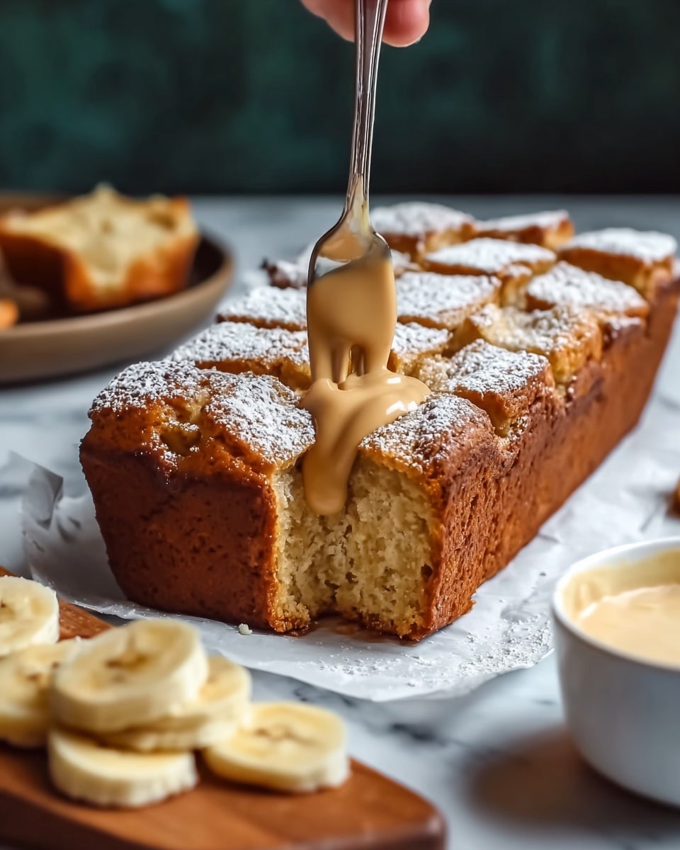 A close-up of a rectangular golden brown bread pudding with a slightly cracked top showing soft, fluffy cubes of bread dusted with powdered sugar, arranged unevenly on the surface. The center reveals a smooth, creamy caramel sauce pooling in the middle. A fork held by a woman's hand is lifting a piece from the back right side. The pudding sits on white parchment paper on a white marbled surface, with several sliced bananas in the foreground and a small white bowl filled with light-colored sauce on the bottom right. Photo taken with an iphone --ar 4:5 --v 7