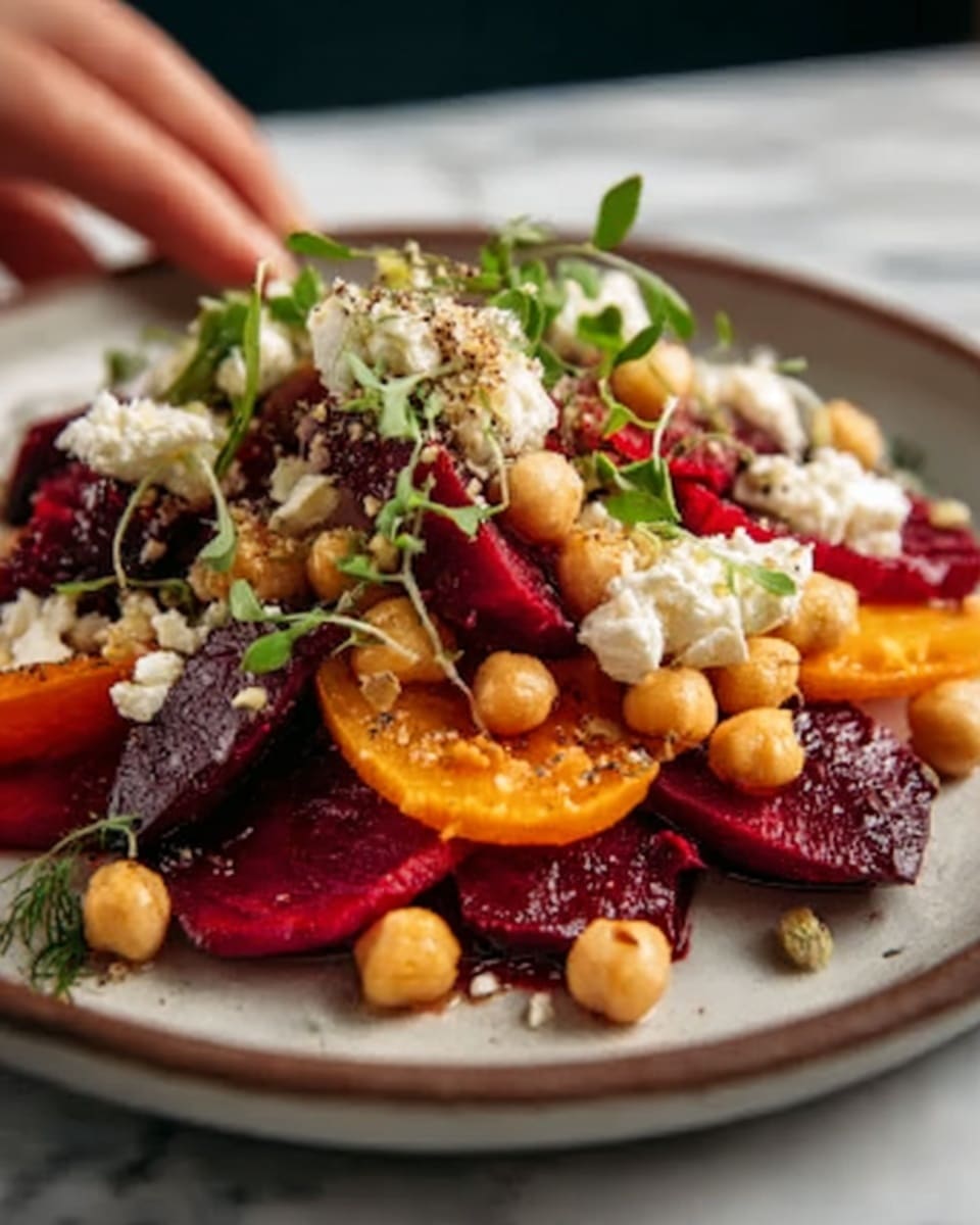 A close-up view of a white plate with a layered salad. The bottom layer has dark red beet slices with a smooth, slightly shiny texture. On top, there are bright orange carrot pieces cut into strips, adding contrast. Scattered all over are round, golden chickpeas that look soft and cooked. Small chunks of creamy white cheese with blue veins are placed unevenly across the plate. Fresh green microgreens are sprinkled on top, adding a touch of freshness and color. A woman's hand is slightly touching the edge of the plate on a white marbled surface. Photo taken with an iphone --ar 4:5 --v 7