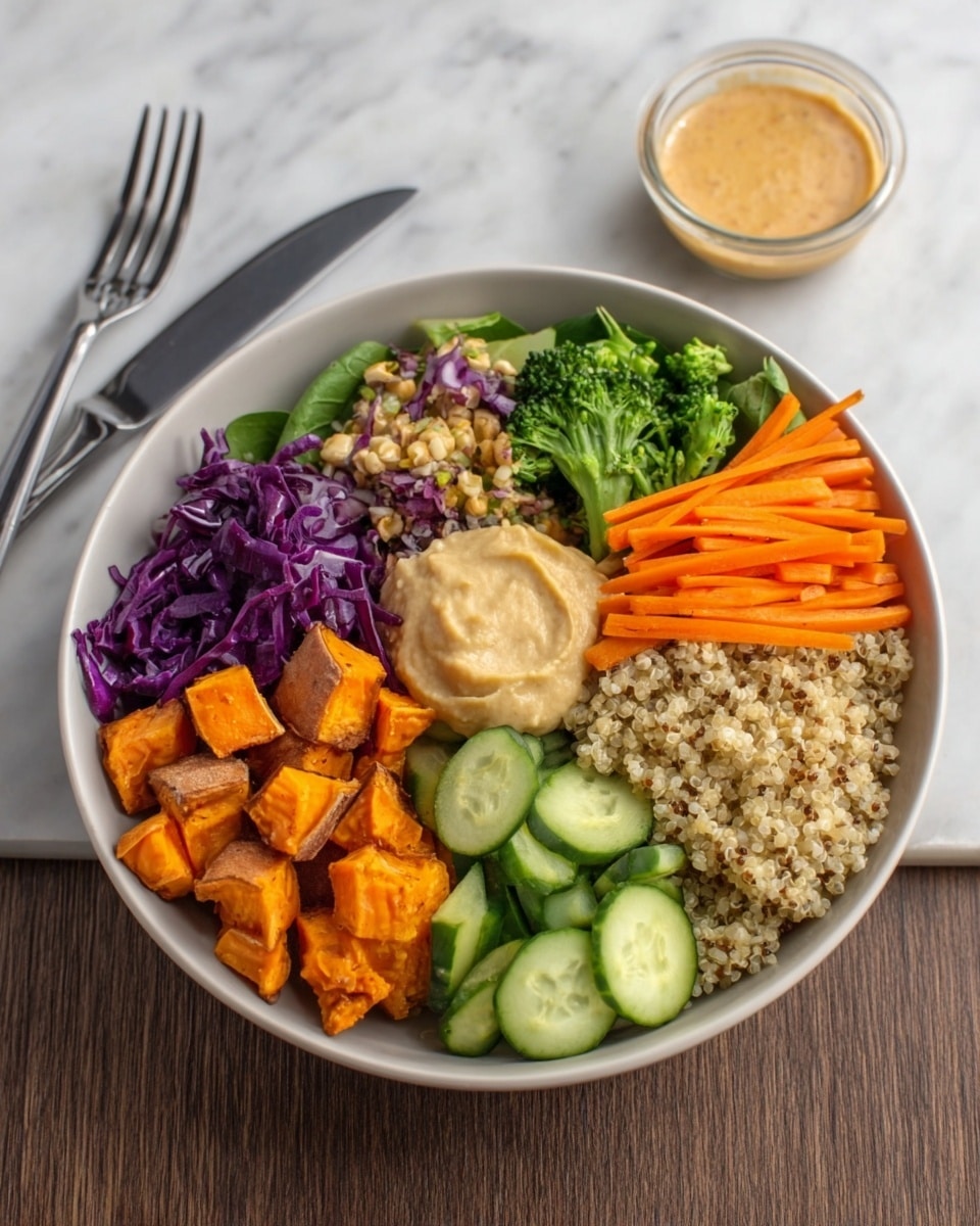 A white bowl filled with six different sections of food arranged side by side: at the bottom left, there are bright orange roasted sweet potato cubes, above that to the left, there is a small section of dark purple shredded cabbage, next to it toward the back is a small portion of green broccoli and spinach, in the center top is a dollop of light hummus, at the top right there is a pile of thin orange carrot strips, below the carrots on the right side is a section of sliced green cucumber pieces, and at the bottom right there is a serving of light brown cooked quinoa. The bowl is placed on a white marbled surface with a fork and knife positioned on the left side. Photo taken with an iphone --ar 4:5 --v 7