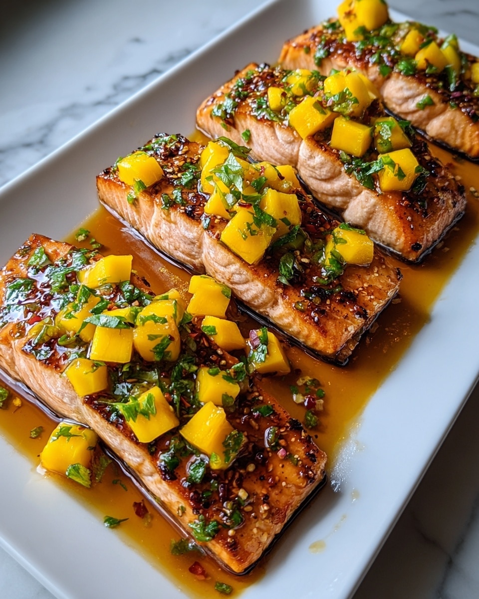 Three pieces of grilled salmon with a light brown, slightly charred surface are arranged side by side on a white rectangular plate. Each salmon fillet is topped with bright yellow mango cubes mixed with small chopped green herbs, adding a fresh touch. The plate has a shiny amber sauce pooling around the base of the salmon, with more mango pieces and herbs scattered around. The dish is placed on a white marbled surface, creating a clean and elegant look. photo taken with an iphone --ar 4:5 --v 7