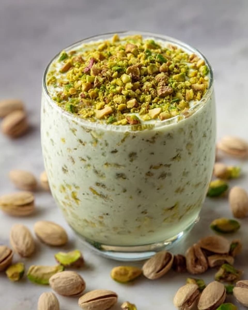 A clear glass filled with a creamy pistachio dessert, showing two main layers: the bottom layer is smooth and pale green with small chopped pistachio pieces mixed in, and the top layer is thick and slightly textured with finely chopped pistachios covering the surface, giving a crunchy look. The glass sits on a white marbled surface with whole pistachios scattered around it. photo taken with an iphone --ar 4:5 --v 7