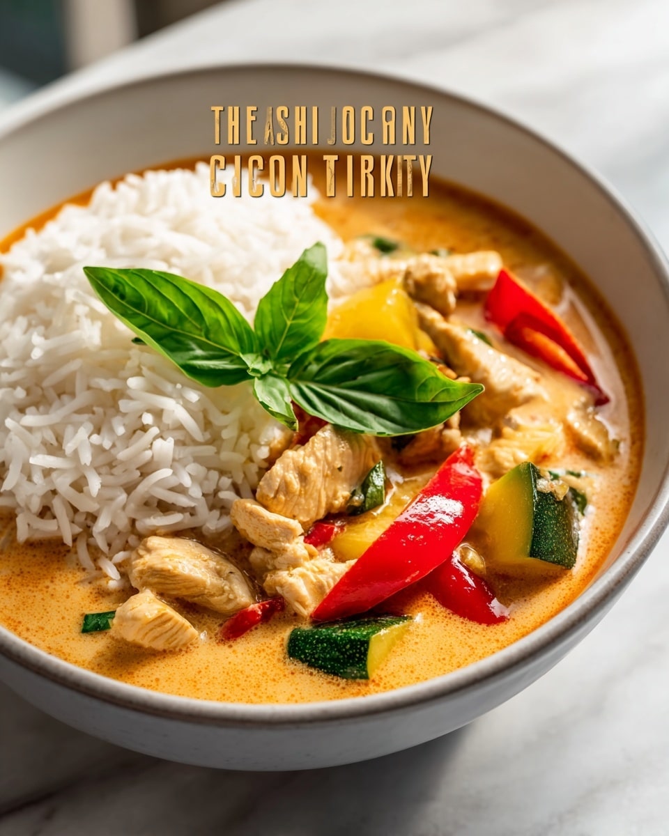 A bowl filled with two main layers, one side holding fluffy white jasmine rice with a grainy texture, and the other side showing creamy orange-yellow Thai coconut curry. Inside the curry layer, there are pieces of light brown chicken, slices of green bell pepper, and bright orange and red chili strips, creating a colorful contrast. On top, fresh green basil leaves add a touch of vibrant green. The bowl is white with a subtle textured edge, and it sits on a white marbled surface. The lighting highlights the glossy, smooth curry and the soft texture of the rice. Photo taken with an iphone --ar 4:5 --v 7