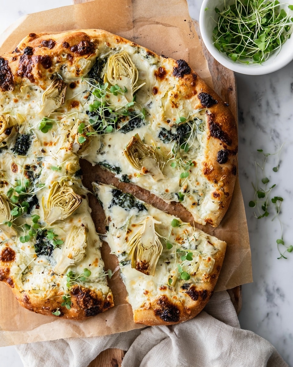 A pizza with a golden brown, bubbly crust topped with melted white cheese that has browned spots, layered with pale yellow artichoke hearts spread evenly, and scattered dark green leafy spinach pieces. Small green sprouts are sprinkled on top, adding a fresh touch. The pizza is on white parchment paper on a wooden board with one slice being lifted by a woman's hand. A small white bowl of green sprouts is next to the pizza. The background is a white marbled surface with a light beige cloth partially covering the top right corner. Photo taken with an iphone --ar 4:5 --v 7