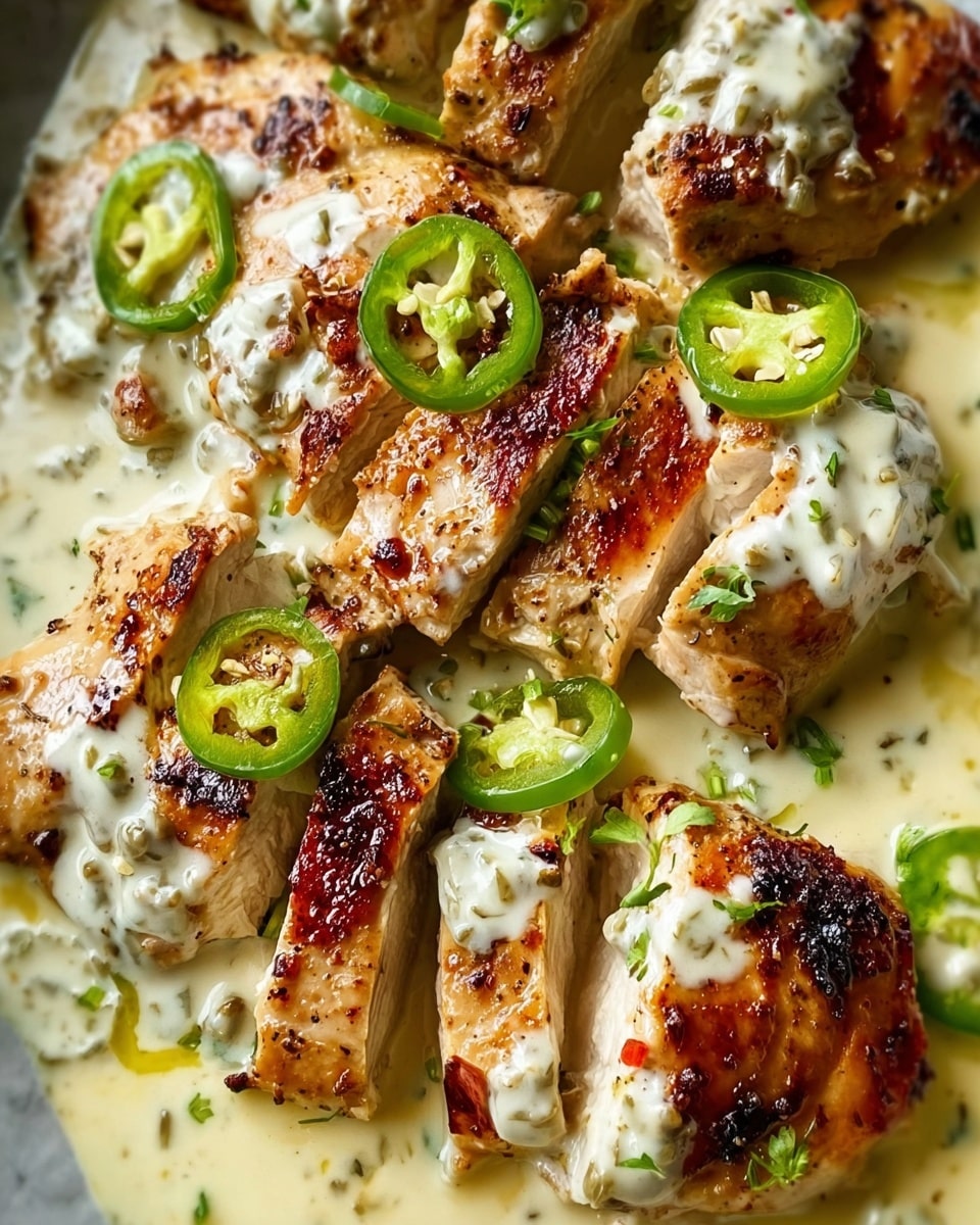 This image shows several pieces of golden-brown grilled chicken layered with a creamy white sauce that has visible herbs mixed throughout. The chicken pieces have a slightly crispy texture with some charred spots and are spread across the dish in an irregular pattern. Scattered over and around the chicken are sliced green jalapeño peppers adding a pop of green color and a spicy look. The sauce pools around the chicken, creating a smooth and glossy base with a mix of light yellow and cream shades. The overall appearance is rich and inviting. The dish is placed on a white marbled texture. photo taken with an iphone --ar 4:5 --v 7