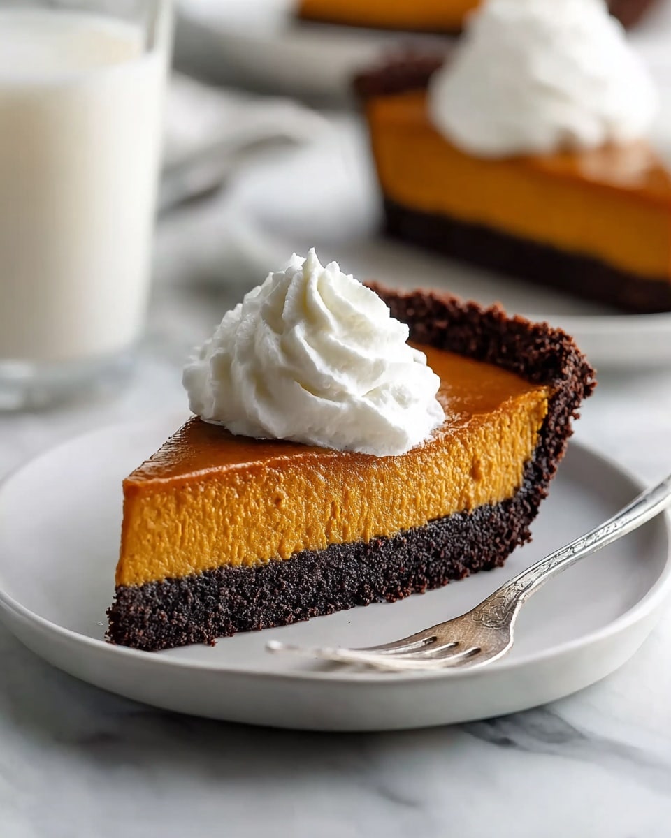 A slice of pie with three distinct layers sits on a white plate over a white marbled surface. The bottom crust is a dark chocolate layer with a crumbly texture, thick and firmly packed. Above it is a smooth orange pumpkin filling layer, slightly glossy and dense, taking up about two-thirds of the slice's height. On top of the pumpkin filling is a swirl of fluffy white whipped cream, neatly piped in a small peak. A silver fork lies next to the pie slice on the plate, ready to be used. In the background, there is a blurred second plate with another slice topped with whipped cream and a glass of milk. Photo taken with an iphone --ar 4:5 --v 7