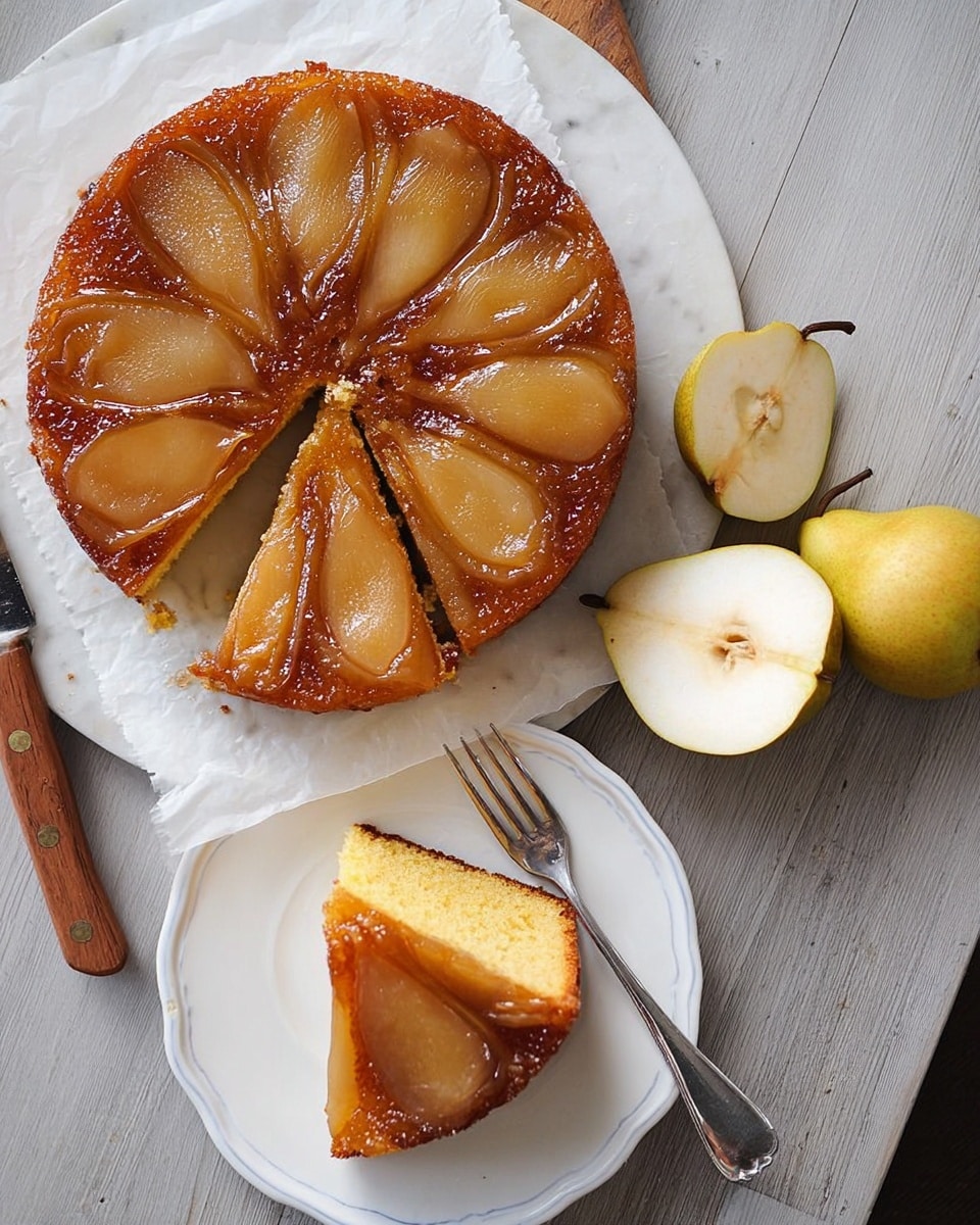 The image shows a round pear upside-down cake with one slice cut out and placed on a small white plate above it. The cake has two layers: the top layer is caramelized pear slices arranged in a circular pattern with a glossy, brown sugar glaze, and the bottom layer is a golden-yellow sponge cake with a soft texture. The cake sits on white parchment paper on a white plate, next to a knife with a wooden handle. Two halves of a fresh pear, showing their seeds, lay beside the plate on a white marbled surface. A fork rests on the white plate with the slice of cake. Photo taken with an iphone --ar 4:5 --v 7