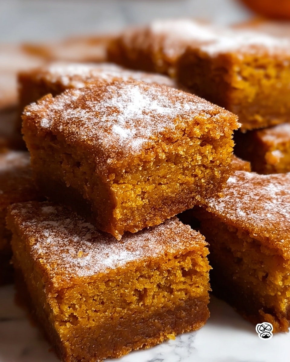 Close-up view of several square-shaped pumpkin cake pieces stacked on each other, showing two visible layers in each piece: the bottom layer is a moist, denser brownish-orange base, while the top layer is a lighter, soft, and slightly crumbly orange texture covered with a light dusting of powdered sugar and cinnamon. The pieces have rough edges and a tender, crumbly inside with a shiny surface that reflects light. The photo is set on a white marbled surface that is barely visible at the bottom edge. Photo taken with an iphone --ar 4:5 --v 7