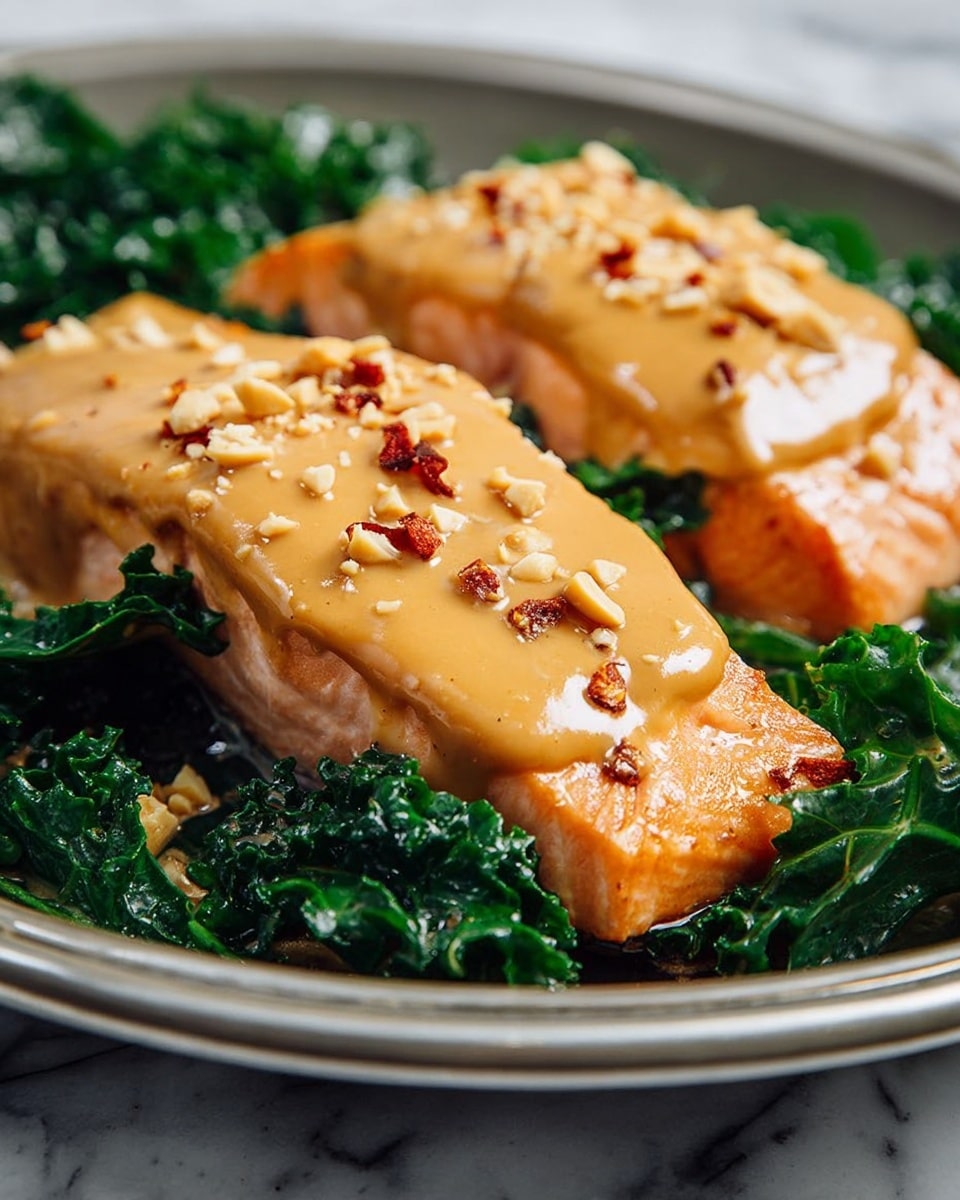 The dish shows two pieces of cooked salmon fillets placed on a bed of dark green kale leaves, arranged in a circle around the fish on a white plate. Each salmon fillet has a thick layer of glossy, light brown sauce spread evenly on top, sprinkled with small white nut pieces and red chili flakes, adding texture and color contrast. The salmon has a slightly crispy and golden-brown edge, and the kale beneath looks fresh and slightly shiny. The setting is on a white marbled surface. photo taken with an iphone --ar 4:5 --v 7