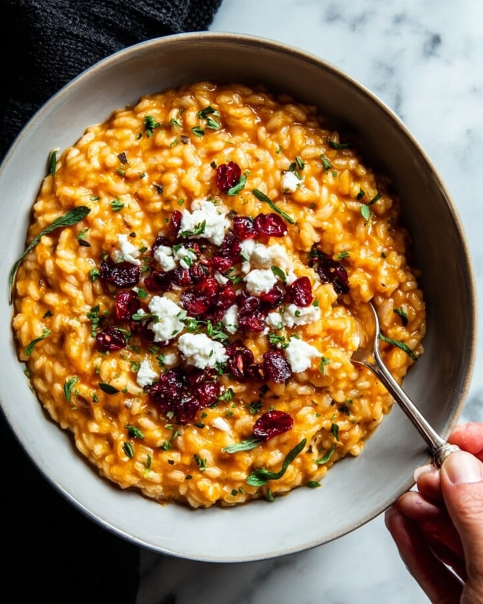 The image shows a bowl filled with creamy orange risotto, evenly spread inside a deep white bowl that contrasts with the dish's warm color. On top, there are scattered bright red dried cranberries and small dollops of white cheese, adding texture and color contrast. Fresh green herbs are sprinkled lightly all over the risotto, giving a fresh look. A silver spoon is placed on the right side inside the bowl, with a woman's hand holding it gently. The white marbled surface underneath adds a clean and elegant background to the scene. photo taken with an iphone --ar 4:5 --v 7