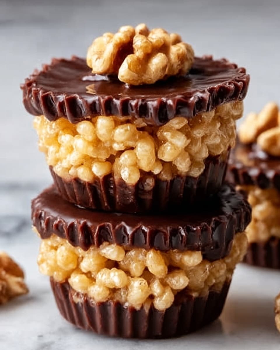 The image shows two stacked chocolate cups filled with puffed rice cereal. Each cup is dark brown with a smooth surface and a slight shine. The bottom layer is a solid chocolate shell, smooth and firm. Above that is a thick layer of golden puffed rice cereal, glistening slightly with a syrup or glaze that holds the cereal together. The top of each cup is covered with a dark chocolate layer that drips slightly over the edges. The top cup is decorated with a whole walnut piece placed in the center, adding texture and contrast. The cups sit on a white marbled surface, creating a clean, simple background. photo taken with an iphone --ar 4:5 --v 7