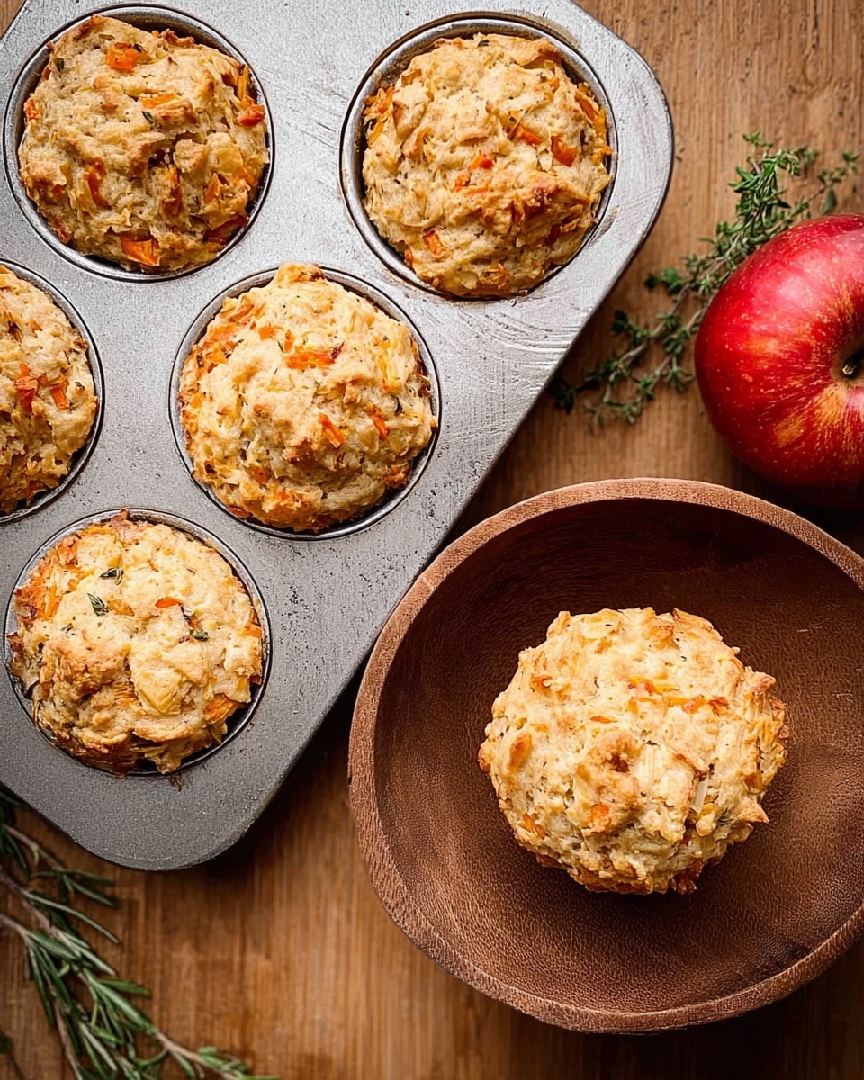 The image shows a silver muffin tray with six freshly baked muffins that have a rough, uneven texture with visible bits of orange and beige, suggesting pieces of fruit or vegetables inside. Next to the tray, on the right side, there is a round wooden bowl holding one muffin, which has a similar lumpy and chunky texture. The bowl is placed on a wooden surface alongside a bright red apple and some green sprigs of herbs. The colors in the muffins range from light beige to spots of orange. photo taken with an iphone --ar 4:5 --v 7