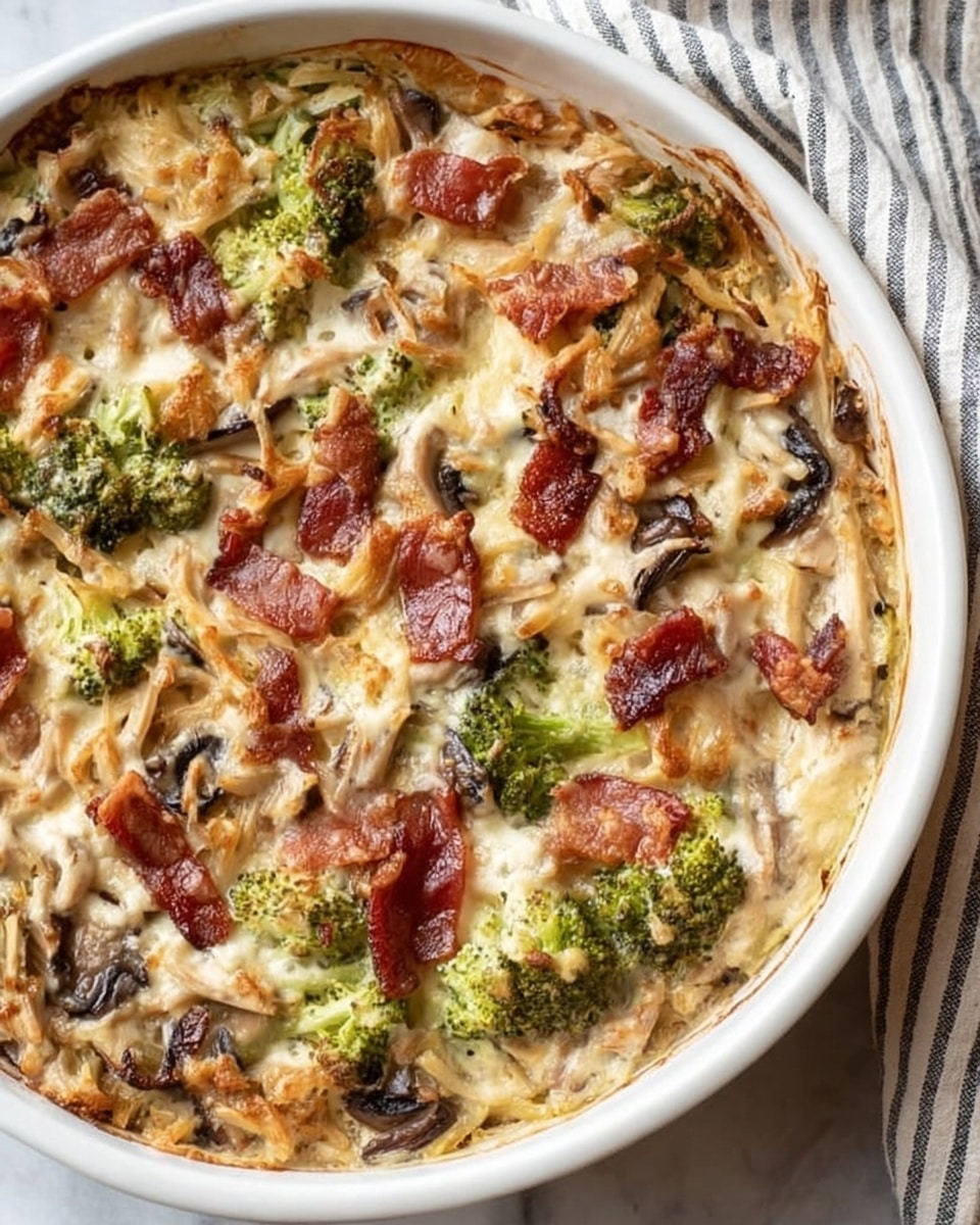 A close-up view of a white round dish filled with a baked casserole topped with mixed ingredients including melted cheese, pieces of crispy bacon in reddish-brown tones, small broccoli florets with green shades, slices of mushrooms in dark brown, and shredded chicken or similar meat in light beige color. The casserole has a slightly browned, bubbly texture on top, showing a mix of soft and crispy areas, with some cheese melted unevenly across the surface. The dish is placed on a white marbled surface with a striped cloth nearby. Photo taken with an iphone --ar 4:5 --v 7
