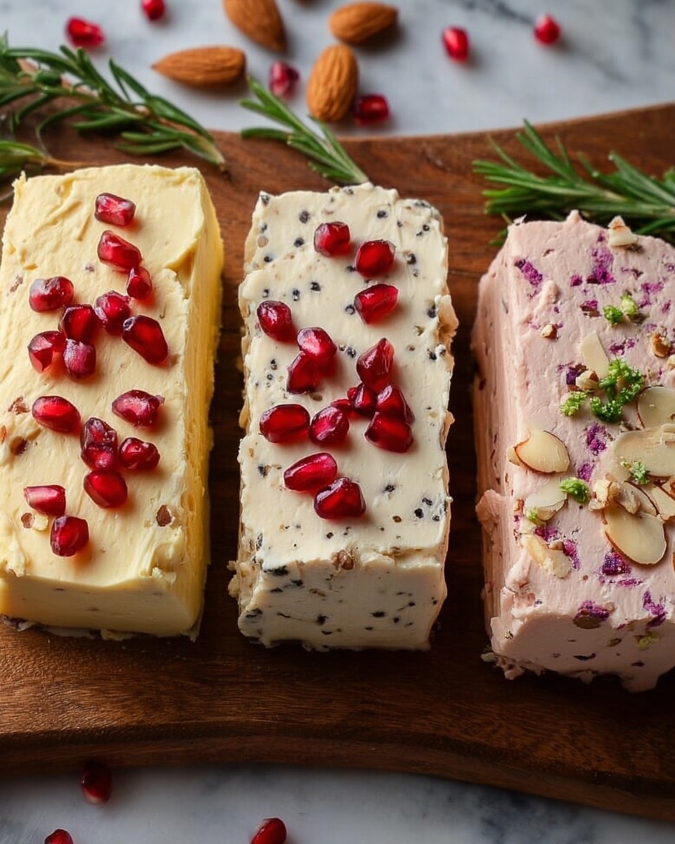 The image shows three blocks of soft cheese on a wooden board placed on a white marbled surface. The left block is pale yellow with a smooth texture and is topped with bright red pomegranate seeds scattered on the surface. The middle block is creamy white with small dark bits mixed throughout and also dotted with pomegranate seeds. The right block is light pink with a soft, whipped look and topped with small green herb pieces, with pomegranate seeds visible inside the cheese itself. Around the board are some pomegranate seeds, a half pomegranate, an almond, and a sprig of herbs. Photo taken with an iphone --ar 4:5 --v 7