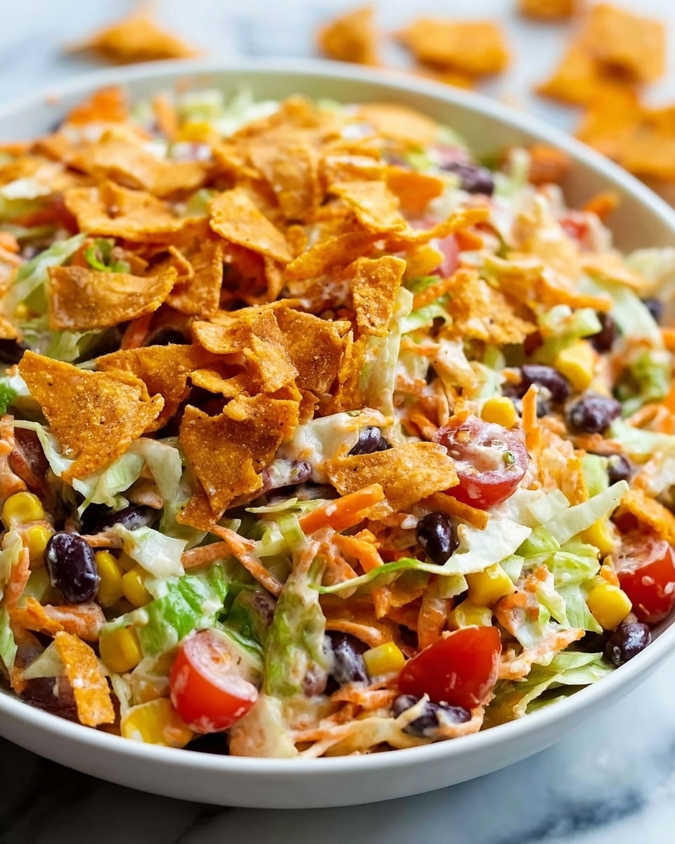 The image shows a close-up of a white bowl filled with a colorful layered salad. The salad has shredded white cabbage and purple cabbage as the base layer. Scattered throughout are black beans and yellow corn kernels, adding dark and bright spots in the mix. There are small diced pieces of red tomatoes and chopped green onions spread evenly, giving bursts of red and green. On top and mixed in are orange crunchy chip pieces giving a textured, rough look. The salad looks creamy with a light dressing covering all the ingredients. The bowl is held by a woman's hand, with a blurred lime half in the white marbled background. photo taken with an iphone --ar 4:5 --v 7