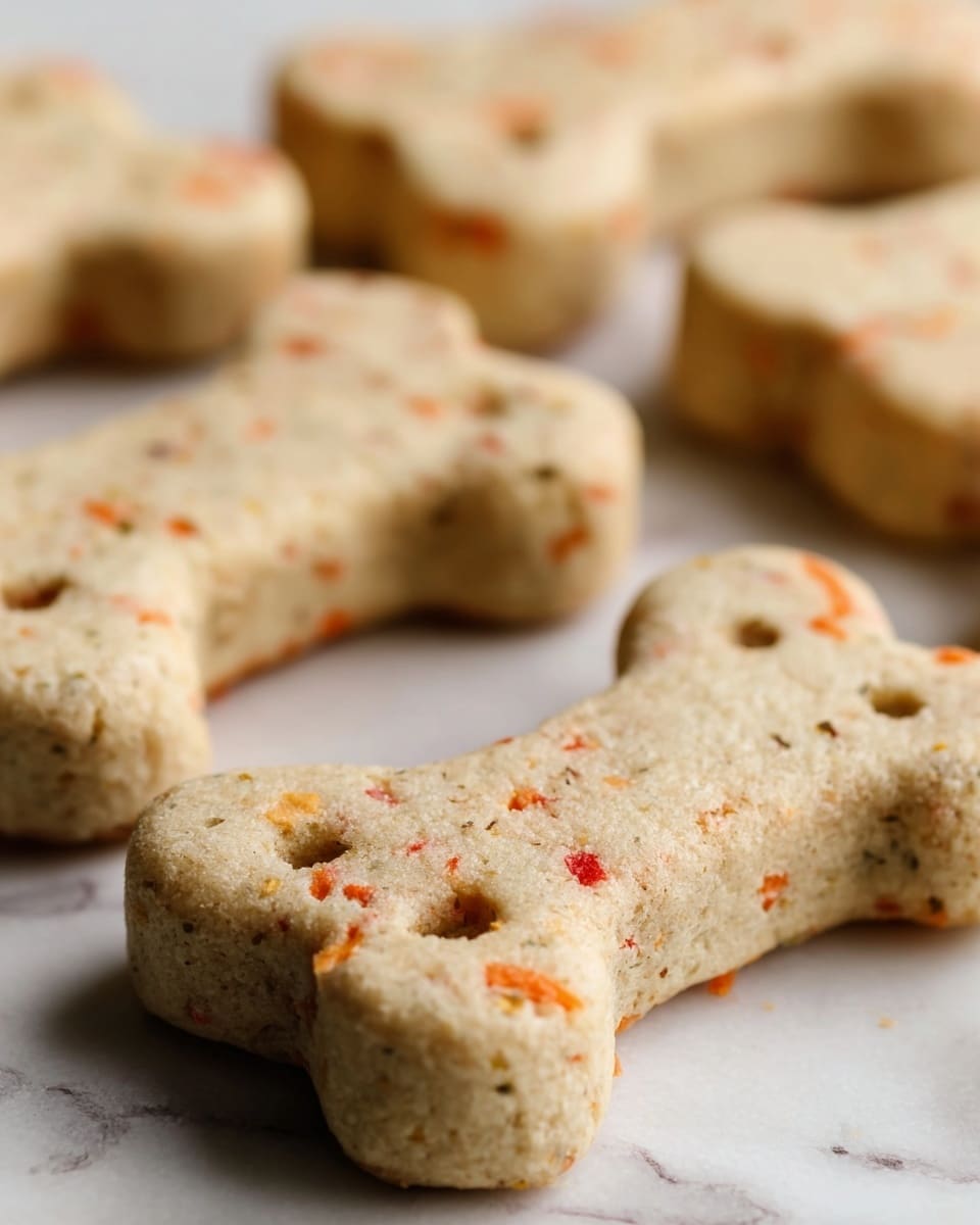 The image shows several bone-shaped dog biscuits spread out on a white marbled surface. Each biscuit is pale beige with small, scattered orange and reddish bits embedded throughout, giving a speckled texture. There are two small holes at the top of each biscuit, one near the wider end and one near the narrower middle. The surface of the biscuits looks slightly rough, showing hints of a crumbly texture. The biscuits are arranged in a slightly uneven pattern, some closer to the camera and others further back, creating depth in the image. Photo taken with an iphone --ar 4:5 --v 7