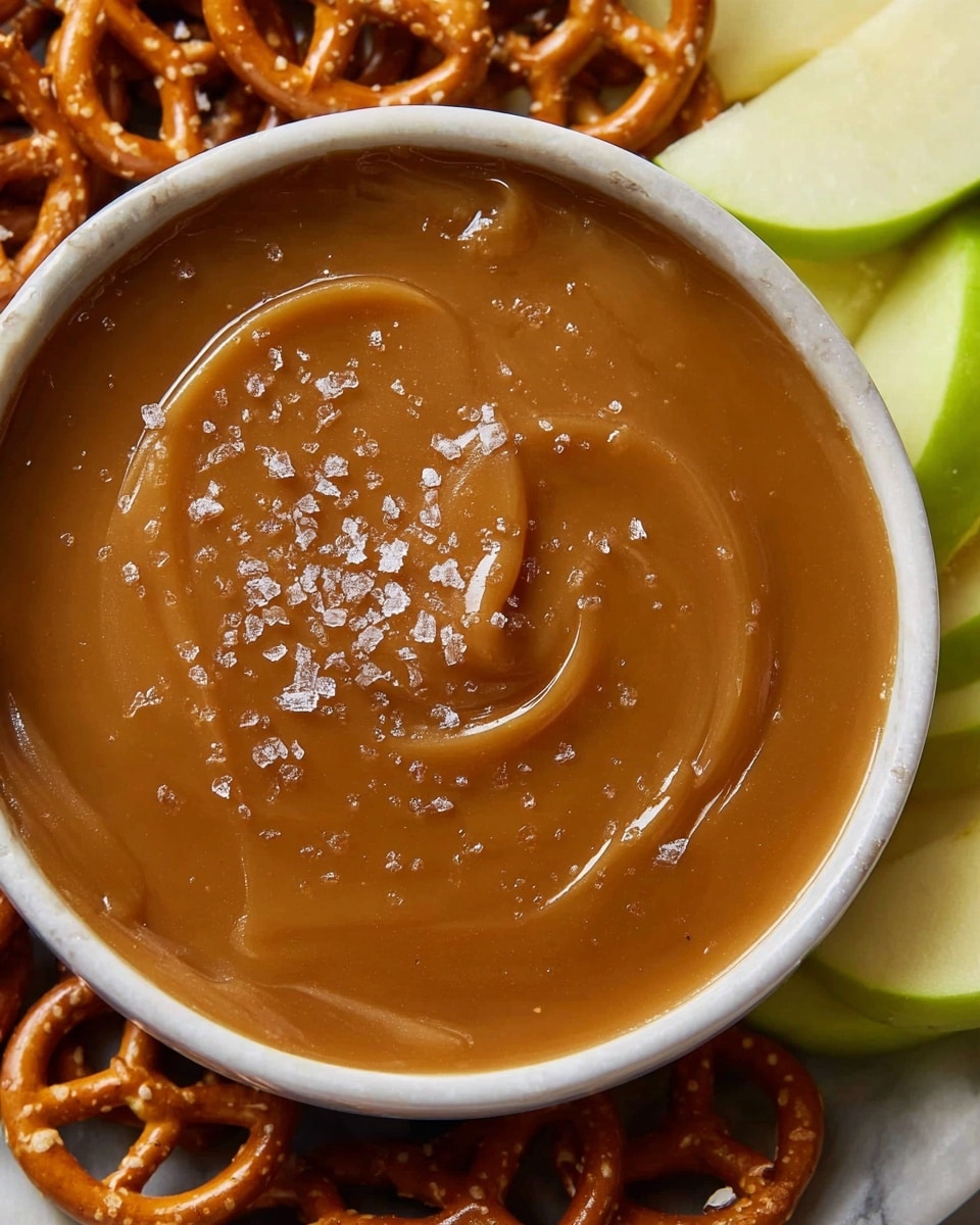 A close-up view of a smooth, glossy caramel dip filling a white bowl, with small crystals of coarse salt scattered on top, adding texture and contrast to the shiny caramel's warm golden-brown surface. The bowl is placed on a white marbled surface, with parts of twisted pretzels and green apple slices placed around it, providing hints of crunchy and fresh snack options for dipping. photo taken with an iphone --ar 4:5 --v 7