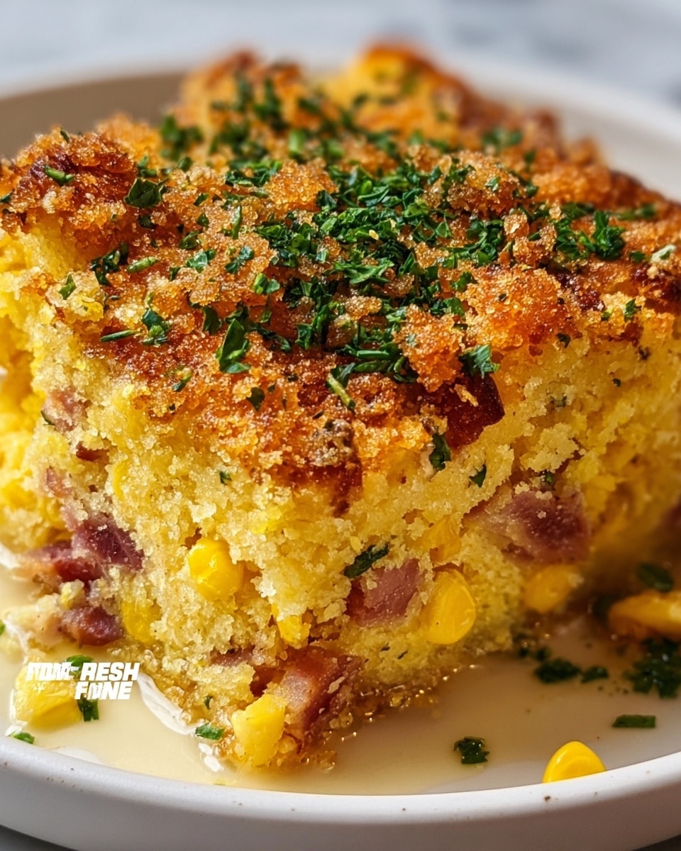 A close-up of a single square piece of baked corn casserole showing three layers: the bottom layer is soft and creamy with a pale yellow color and bits of yellow corn and cooked bacon pieces, the middle layer is thicker with a dense, moist texture mixed with corn kernels and bacon, and the top layer is a crispy, golden-brown crust with toasted breadcrumbs or cheese, garnished with finely chopped green herbs scattered on top and around the sides. The dish sits on a white plate with a white marbled surface in the background. Photo taken with an iphone --ar 4:5 --v 7