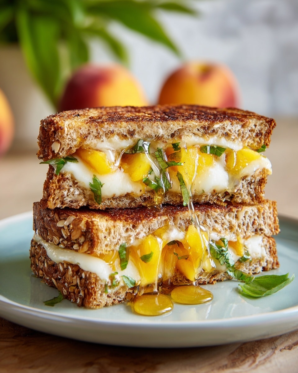 A sandwich stacked in two layers sits on a white plate, each layer made of toasted bread with a golden brown crust and visible seeds. Between the bread slices, there is melted white cheese, soft yellow peach slices, and green basil leaves. Golden honey drips down the sides from the top layer, creating a shiny glaze. Fresh green basil leaves are also placed around the sandwich on the plate. The background shows blurred peaches and greenery on a white marbled surface. photo taken with an iphone --ar 4:5 --v 7