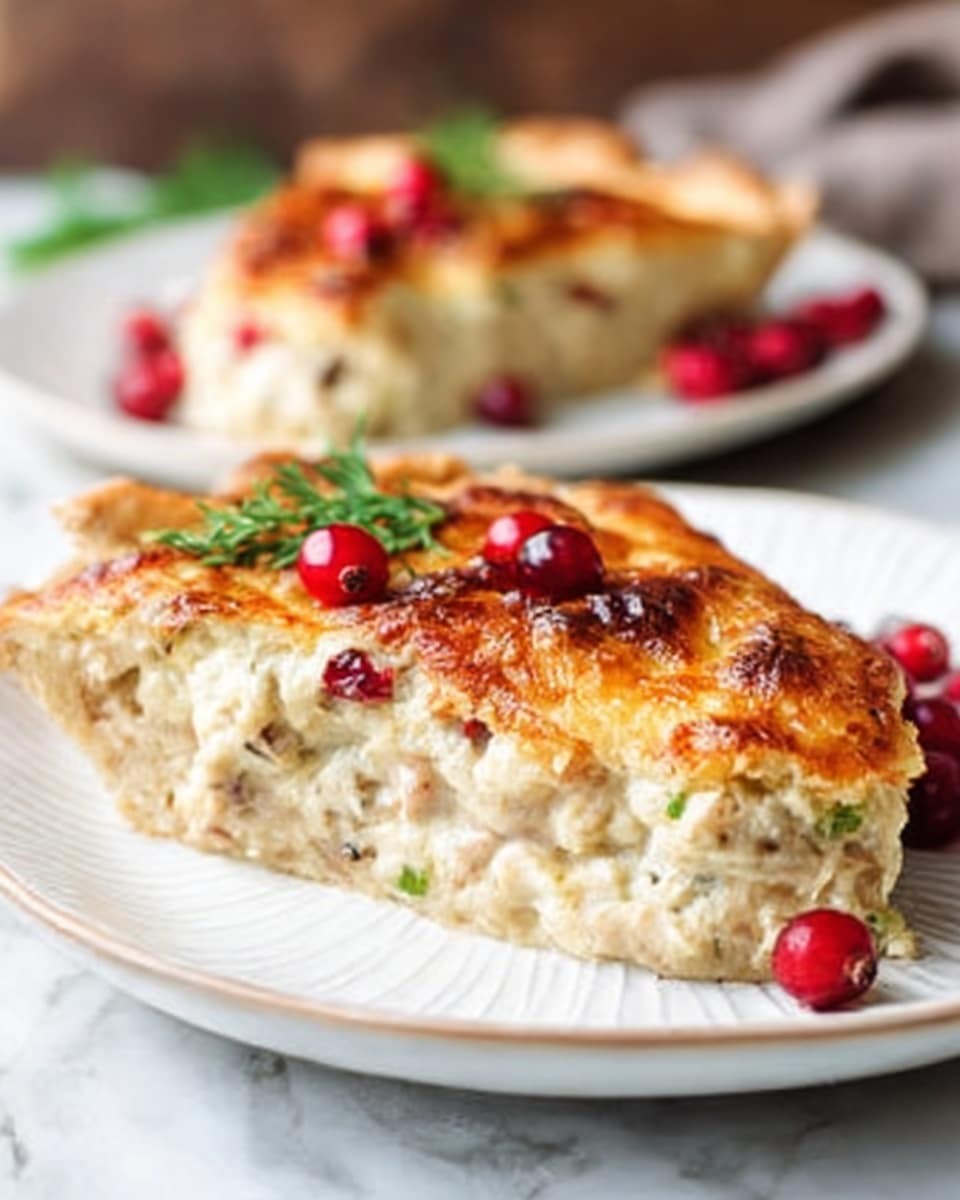 A close-up view of a slice of creamy quiche on a white plate, showing a flaky golden-brown crust with a slightly crispy edge. The filling inside looks smooth and cheesy with bits of green herbs and a few red accents on top from small clusters of bright red currants. A fresh green herb leaf decorates the slice, adding a touch of color. In the blurred background, there is another white plate with more quiche slices and some red currants, all set on a white marbled surface. The photo has natural lighting with soft shadows, taken with an iphone --ar 4:5 --v 7