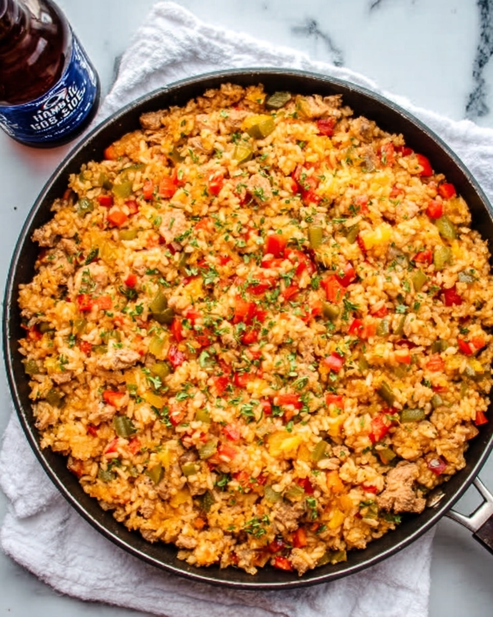 A large round black pan filled with a colorful mixture of cooked rice and small chopped vegetables. The top layer has an even mix of orange rice grains with small pieces of red and green bell peppers and some bits of green herbs scattered throughout. The mixture looks soft and slightly moist with small chunks of meat or chicken mixed in. The pan is placed on a white cloth on a white marbled surface, and a dark brown bottle with a blue label is partially visible on the left side. photo taken with an iphone --ar 4:5 --v 7