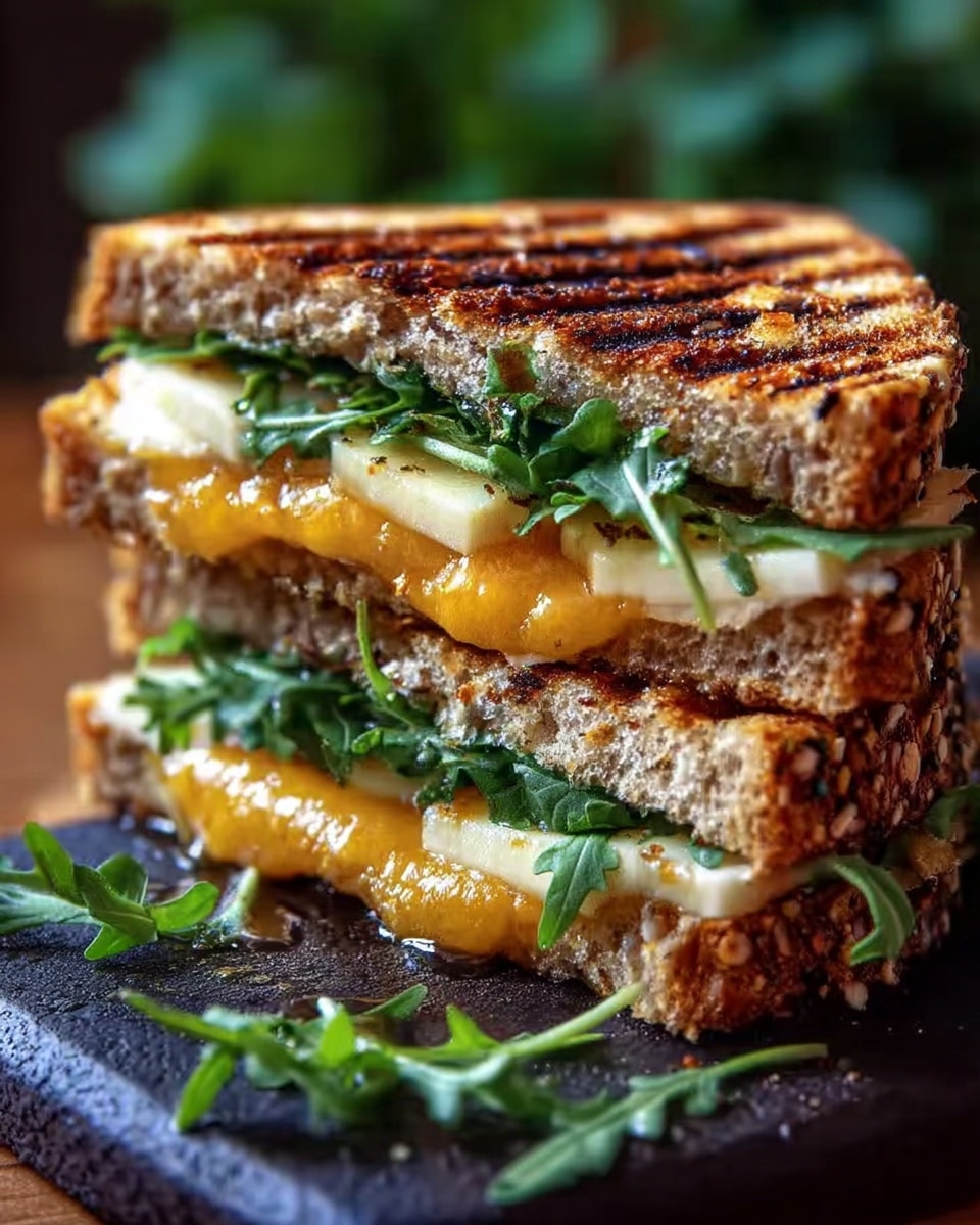 The image shows a sandwich cut into two stacked halves, each with three visible layers: the top and bottom slices are toasted multigrain bread with a golden-brown grid pattern from grilling; inside layers include melted pale yellow cheese and slightly sharp orange cheddar cheese that oozes between the slices; between the cheese layers are fresh green lettuce leaves peeking out near the edges. The sandwich rests on a dark slate surface scattered with additional green leaves, and the background has a soft, out-of-focus green plant. The scene is bright and appetizing. photo taken with an iphone --ar 4:5 --v 7