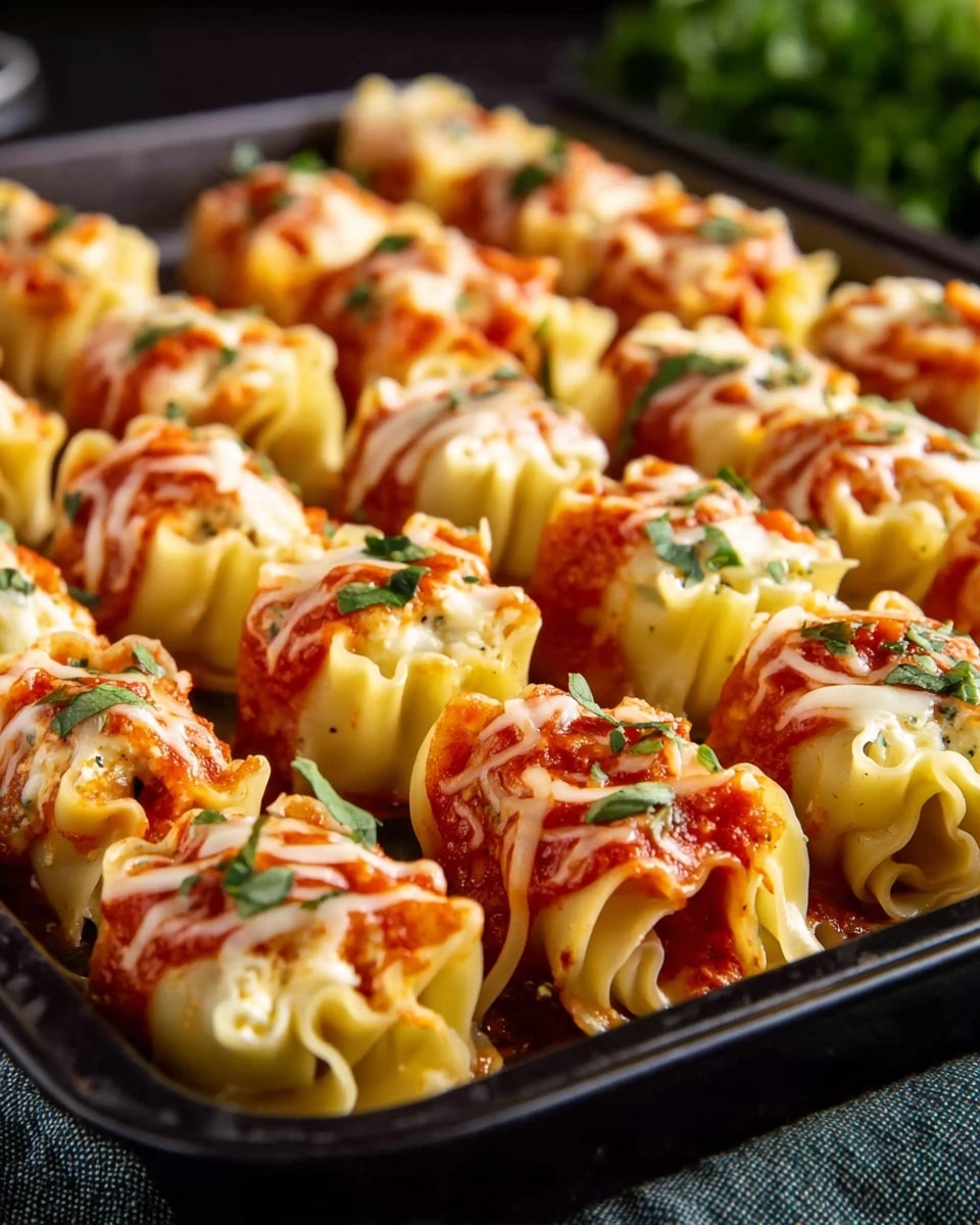 The image shows several rolled pasta tubes standing upright on a black baking tray, each tube made of wavy-edged pasta sheets rolled into about three visible layers. The pasta is pale yellow with a lightly toasted texture at the edges, and each roll is topped with a layer of melted white cheese and a drizzle of red tomato sauce, creating a colorful contrast. Small green herbs are sprinkled evenly over the rolls, adding a fresh touch. The background is a white marbled surface with some greenery blurred behind the tray. photo taken with an iphone --ar 4:5 --v 7