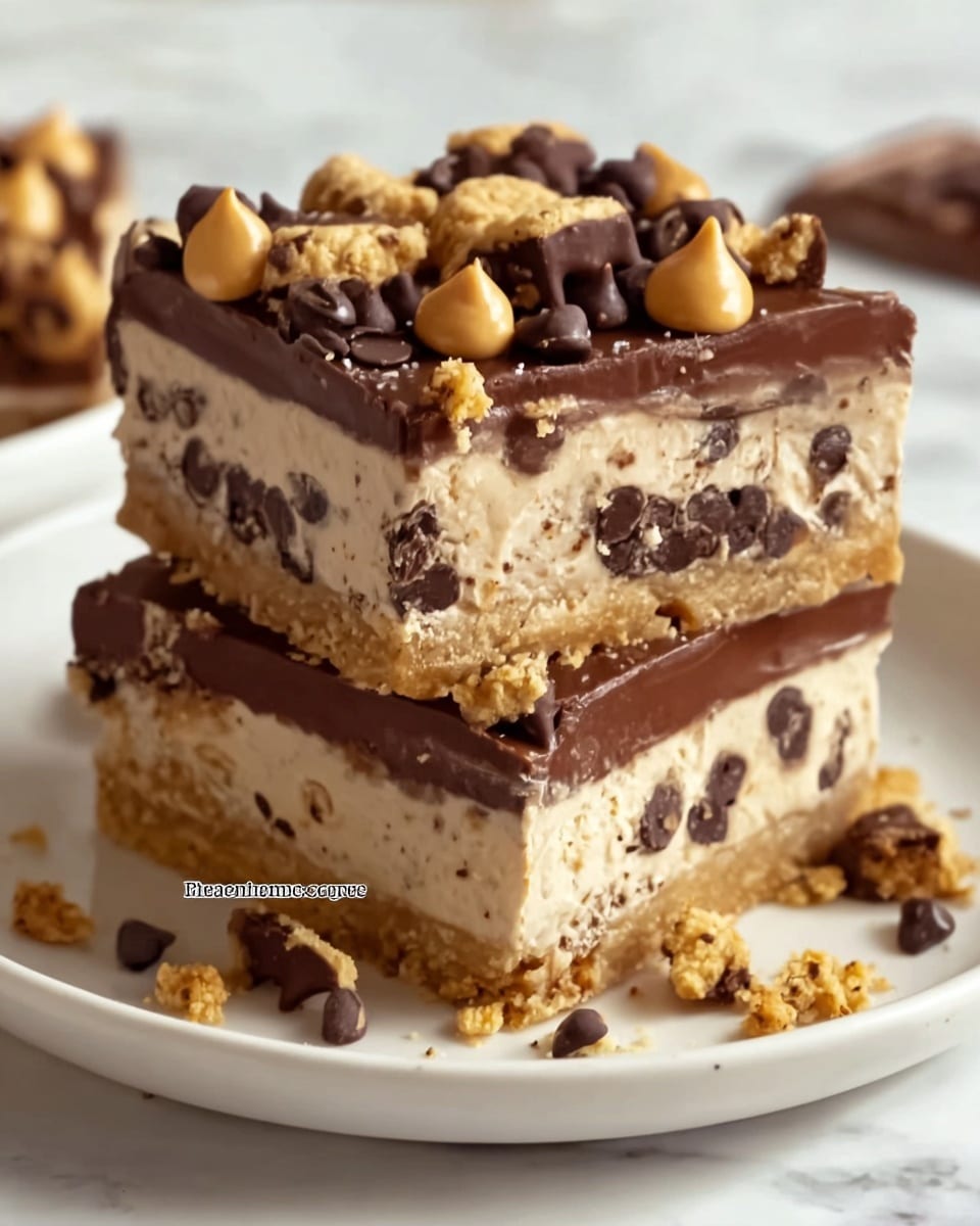 The image shows two stacked square dessert bars on a white plate set on a white marbled surface. The bottom layer is a light brown crumbly crust, followed by a thick, creamy light brown layer with dark chocolate chips. Next is a smooth and glossy dark chocolate layer, topped with another thick creamy light brown layer with chocolate chips. The top is decorated with chocolate chips, small chunks of cookie, and some peanut butter dollops, giving a mix of dark brown, beige, and light golden colors with varied textures. Crumbs are scattered around the base on the plate. Photo taken with an iphone --ar 4:5 --v 7