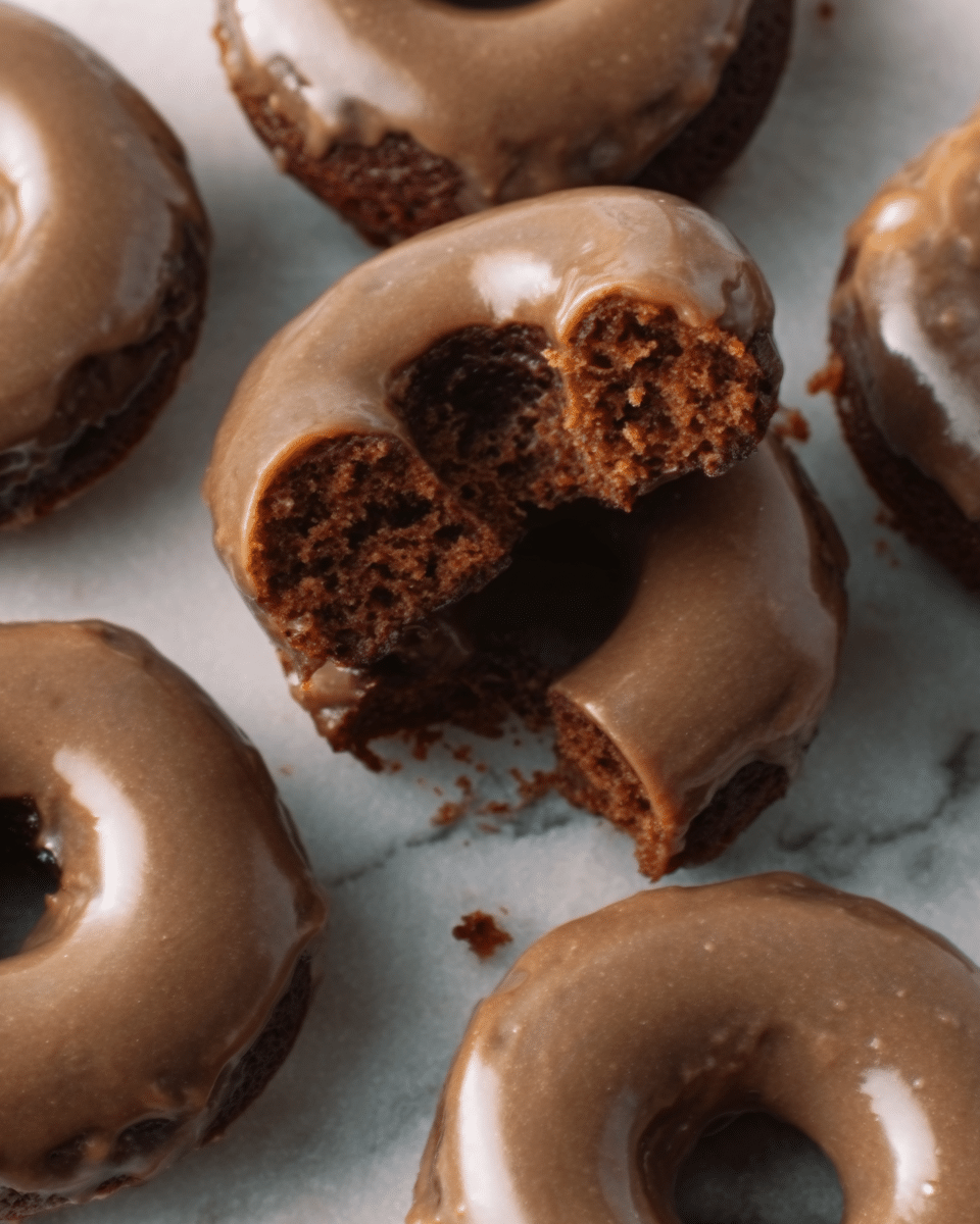 The image shows several round doughnuts with a smooth light brown glaze on top. One doughnut is broken into pieces, revealing a soft, fluffy inside with a darker brown color that looks moist and slightly crumbly. The doughnuts are placed on white parchment paper over a white marbled surface. The lighting highlights the shiny glaze and soft texture inside the broken doughnut. Photo taken with an iphone --ar 4:5 --v 7