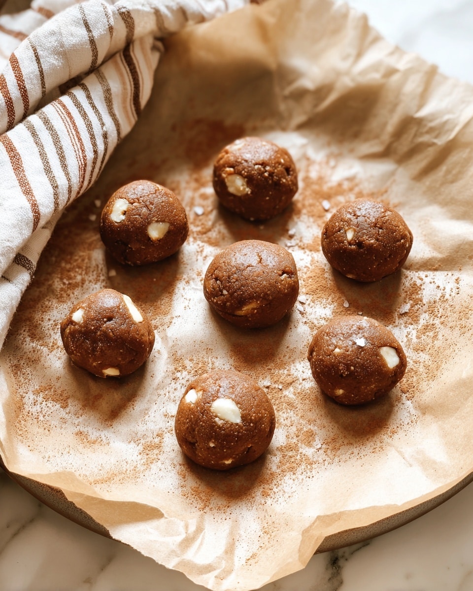 There are nine small round balls of cookie dough placed on crumpled light brown parchment paper. The dough balls have a rich brown color with visible white chunks inside and some light salt flakes sprinkled on top. The parchment paper sits on a white marbled surface, and a light dusting of brown powder, possibly cinnamon, is scattered around the dough balls. In the upper left corner, there is a white and brown striped kitchen towel. The image gives a warm, cozy feel with soft natural lighting. photo taken with an iphone --ar 4:5 --v 7